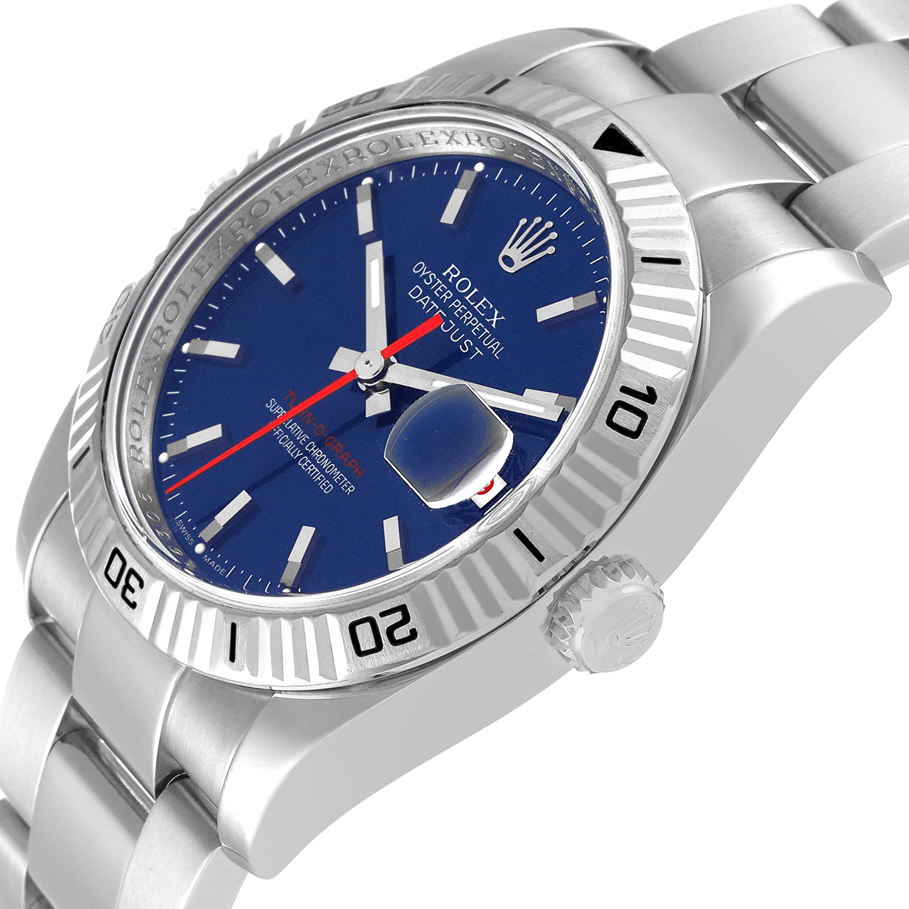 This image shows a Rolex Turn-o-Graph 116264 Men's Stainless Steel Blue Dial 116264 Men's Stainless Steel Blue Dial watch from an angled side profile, highlighting the blue dial, bezel, bracelet, and crown.