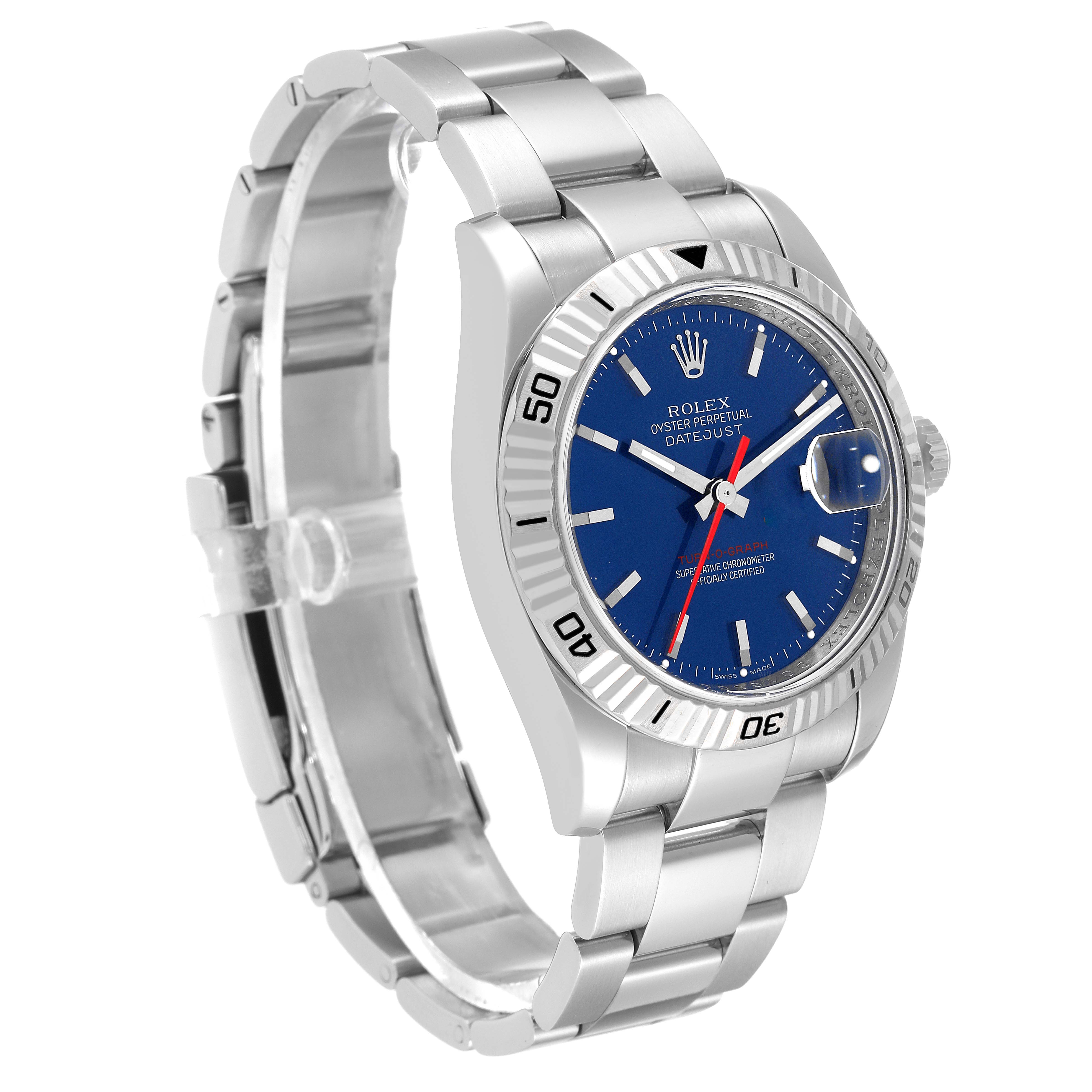 The Rolex Turn-o-Graph 116264 Men's Stainless Steel Blue Dial 116264 Men's Stainless Steel Blue Dial watch is shown at a side angle highlighting the bracelet, face, crown, and rotating bezel.