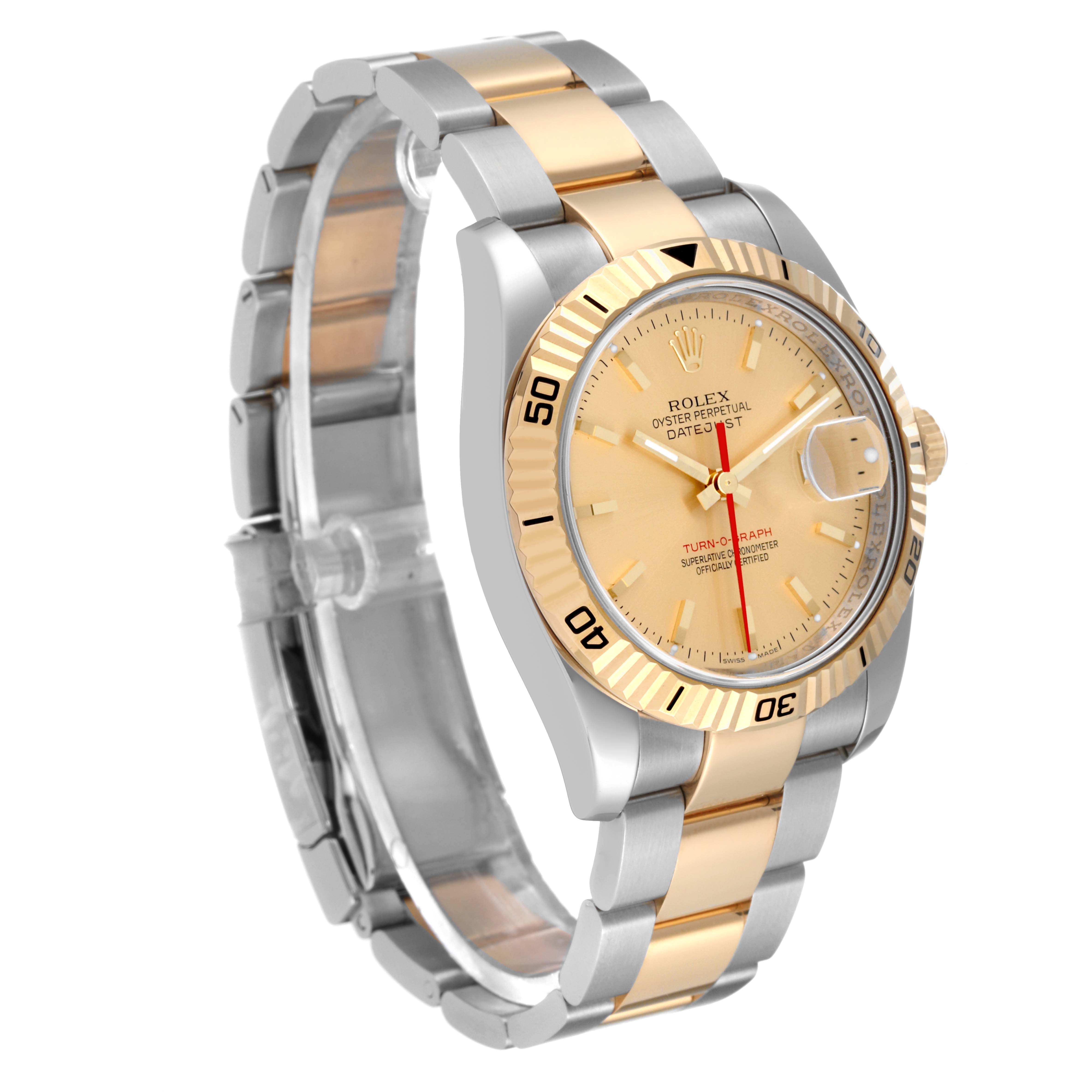 This image shows the Rolex Turn-o-Graph 116263 Men's Steel and Gold (two tone) Champagne Dial 116263 Men's Steel and Gold (two tone) Champagne Dial watch at a three-quarter angle, highlighting the dial, bezel, and two-tone bracelet.
