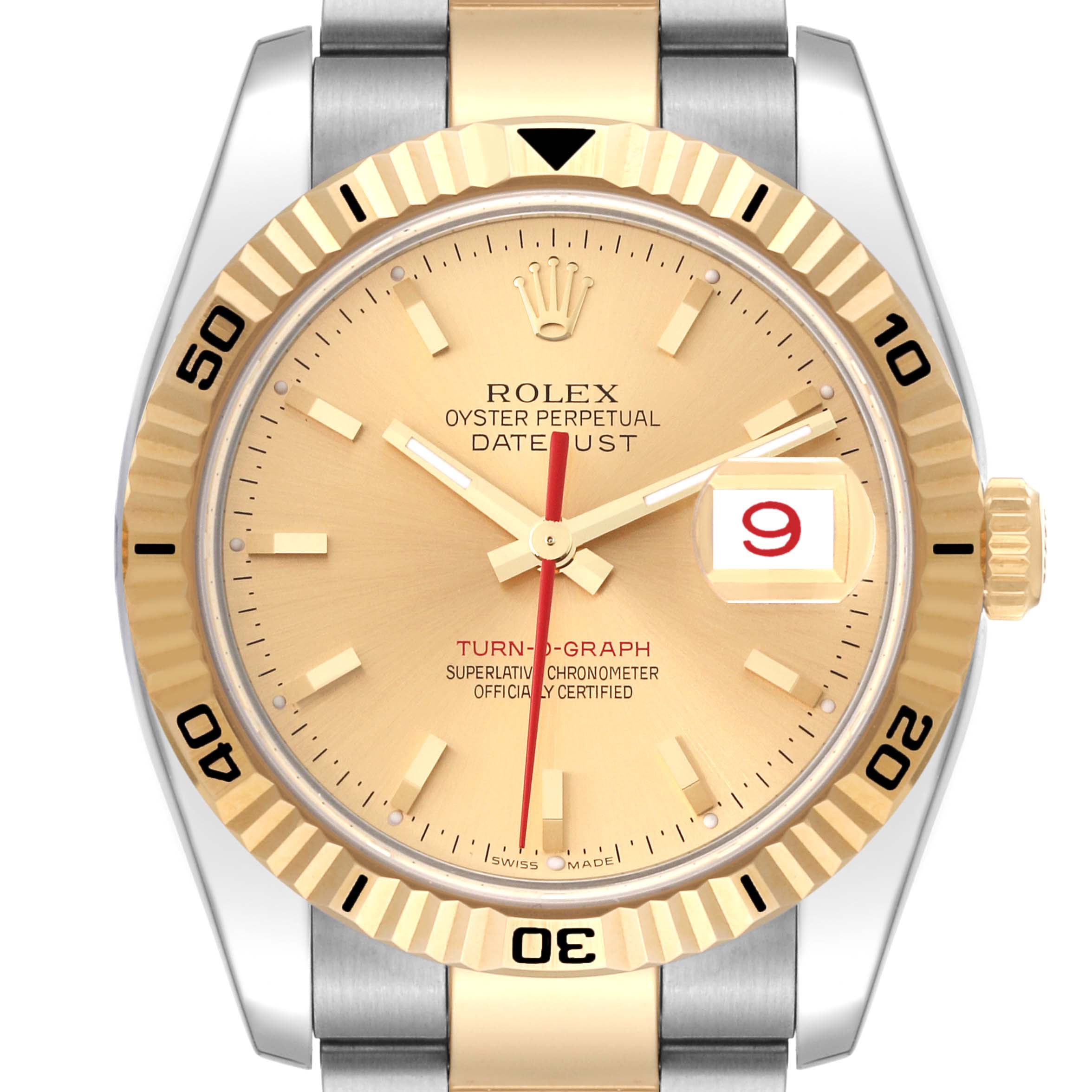 This Rolex Turn-o-Graph 116263 Men's Steel and Gold (two tone) Champagne Dial 116263 Men's Steel and Gold (two tone) Champagne Dial watch is shown from a frontal angle, displaying the dial, bezel, hands, and bracelet links.