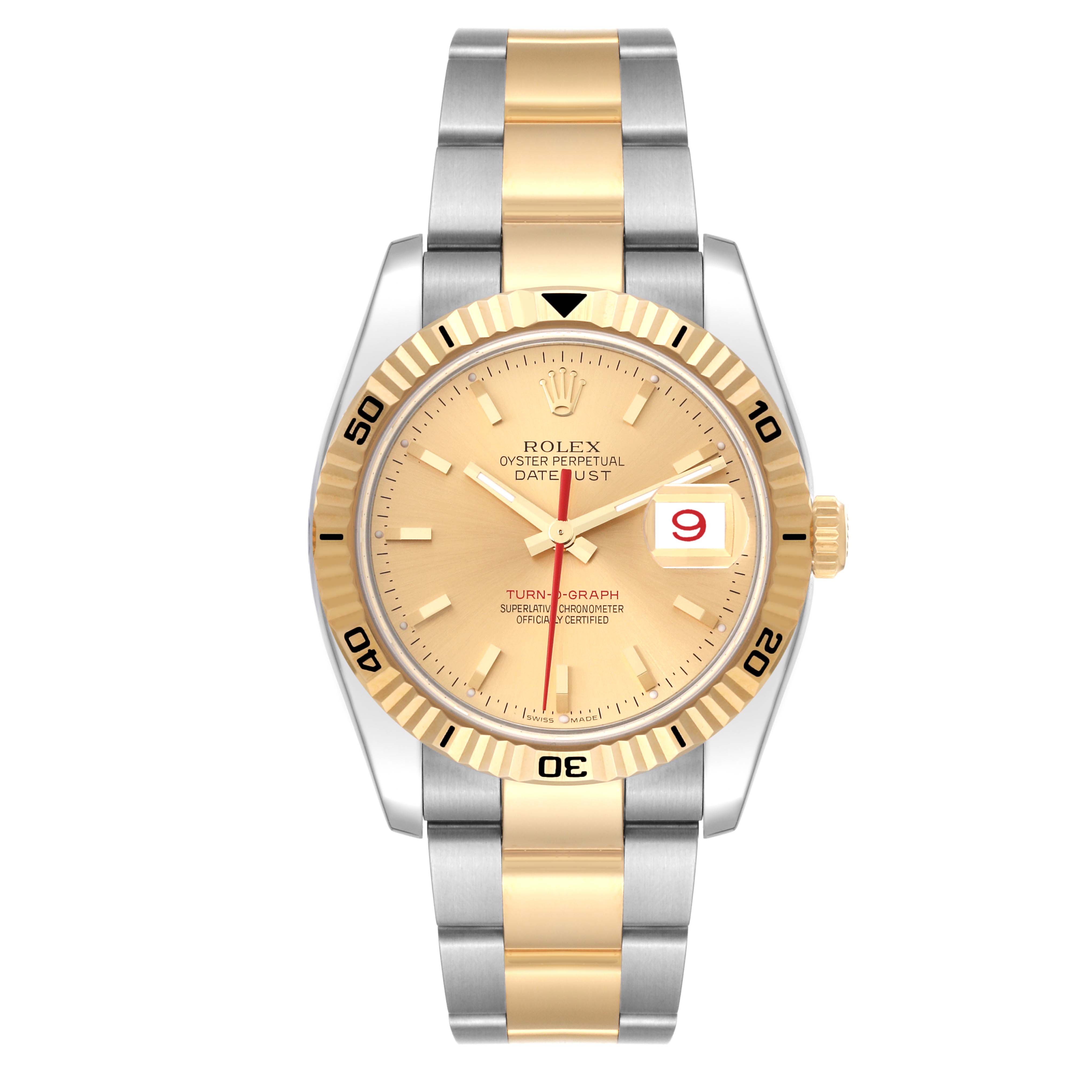 The image shows a Rolex Turn-o-Graph 116263 Men's Steel and Gold (two tone) Champagne Dial 116263 Men's Steel and Gold (two tone) Champagne Dial watch from the front angle, featuring a two-tone band and a gold bezel.