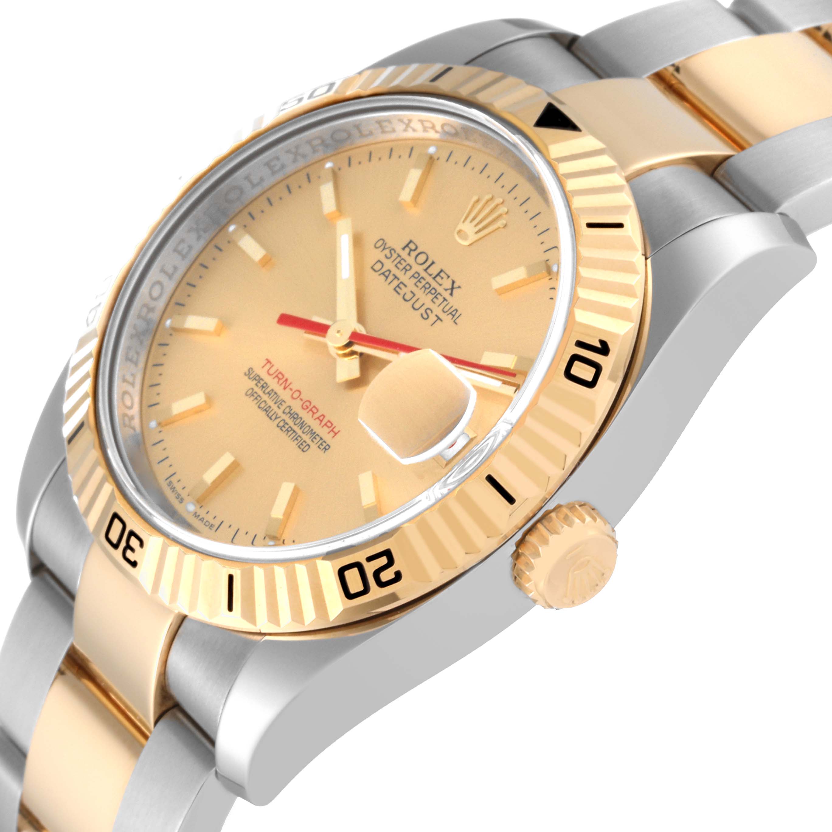 This is a side view of the Rolex Turn-o-Graph 116263 Men's Steel and Gold (two tone) Champagne Dial 116263 Men's Steel and Gold (two tone) Champagne Dial watch showing its gold bezel, dial, crown, and part of the bracelet.