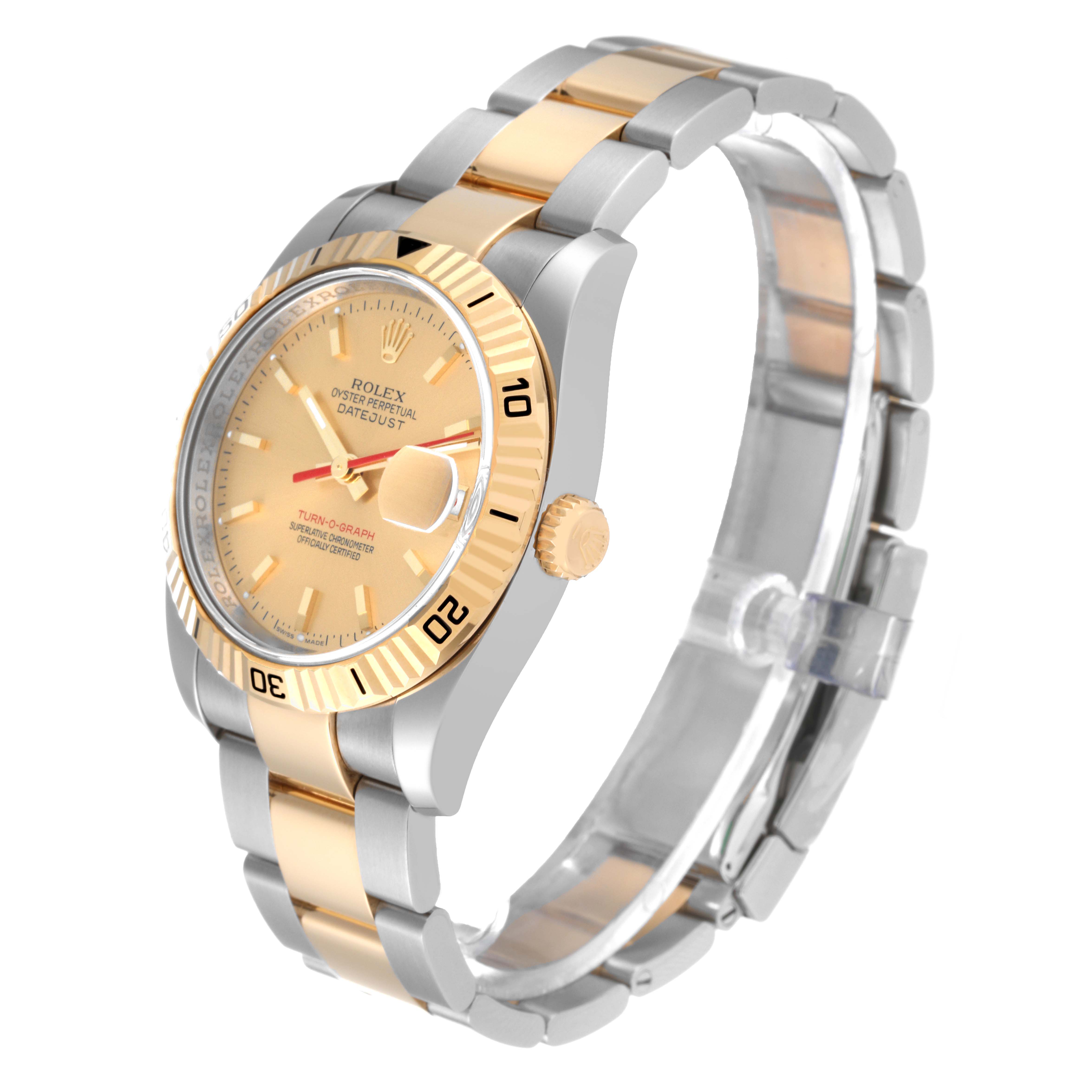 The image shows a side angle of a Rolex Turn-o-Graph 116263 Men's Steel and Gold (two tone) Champagne Dial 116263 Men's Steel and Gold (two tone) Champagne Dial watch, highlighting the dial, bezel, and bracelet.