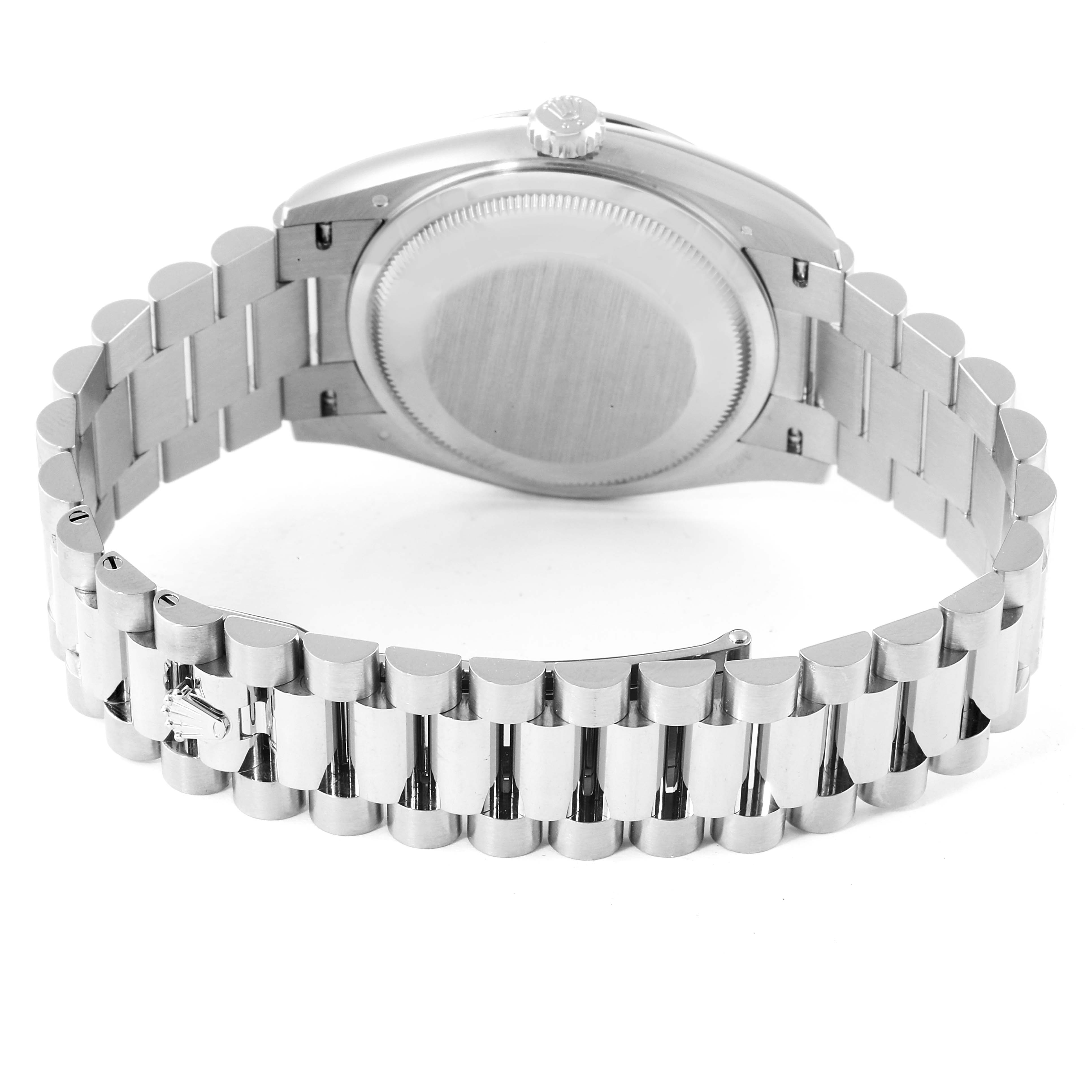 The image shows the back view and bracelet of a Rolex President 128239 Men's White Gold White Dial 128239 Men's White Gold White Dial model watch.