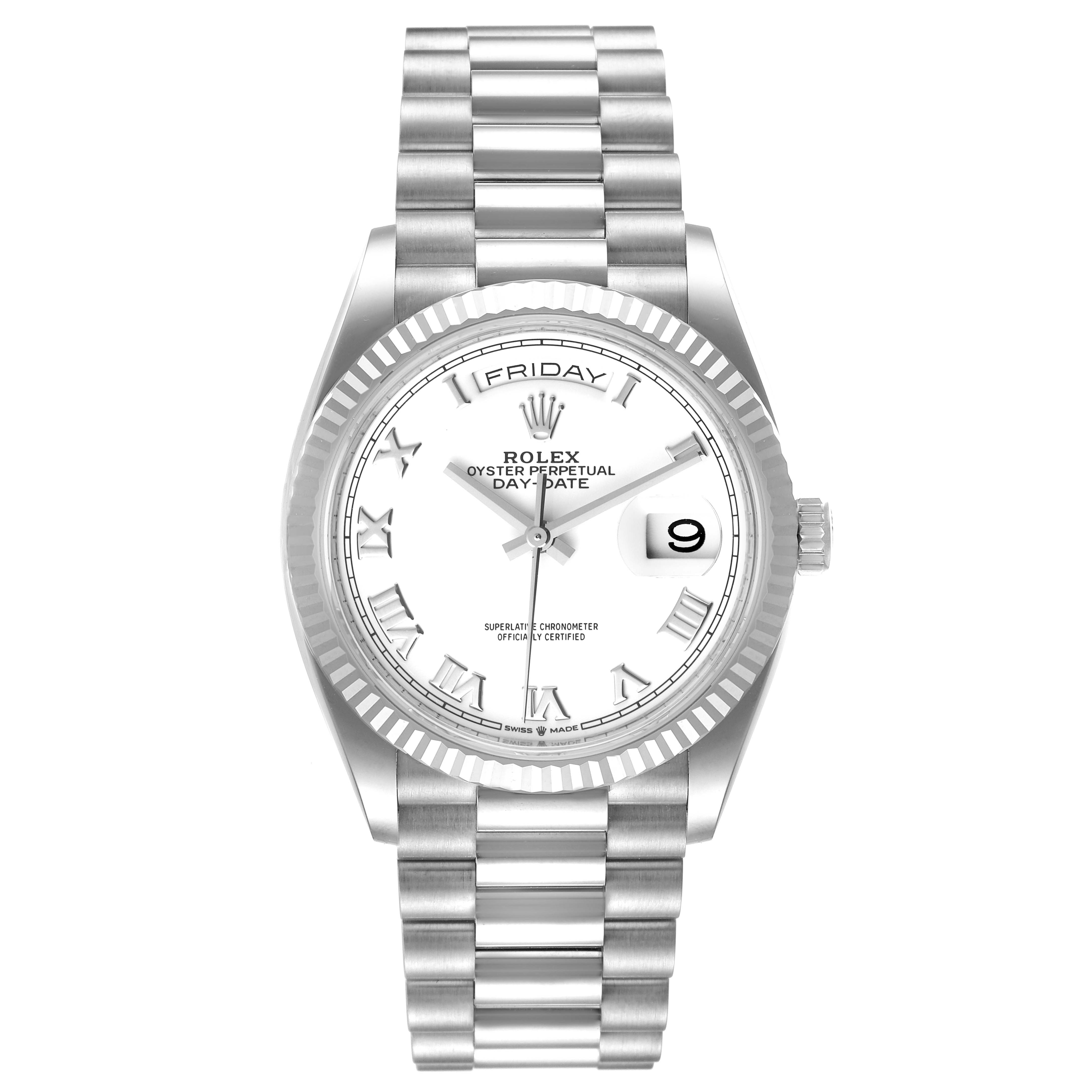 The image shows a top-down view of the Rolex President 128239 Men's White Gold White Dial 128239 Men's White Gold White Dial model watch, depicting its face, bezel, and bracelet.