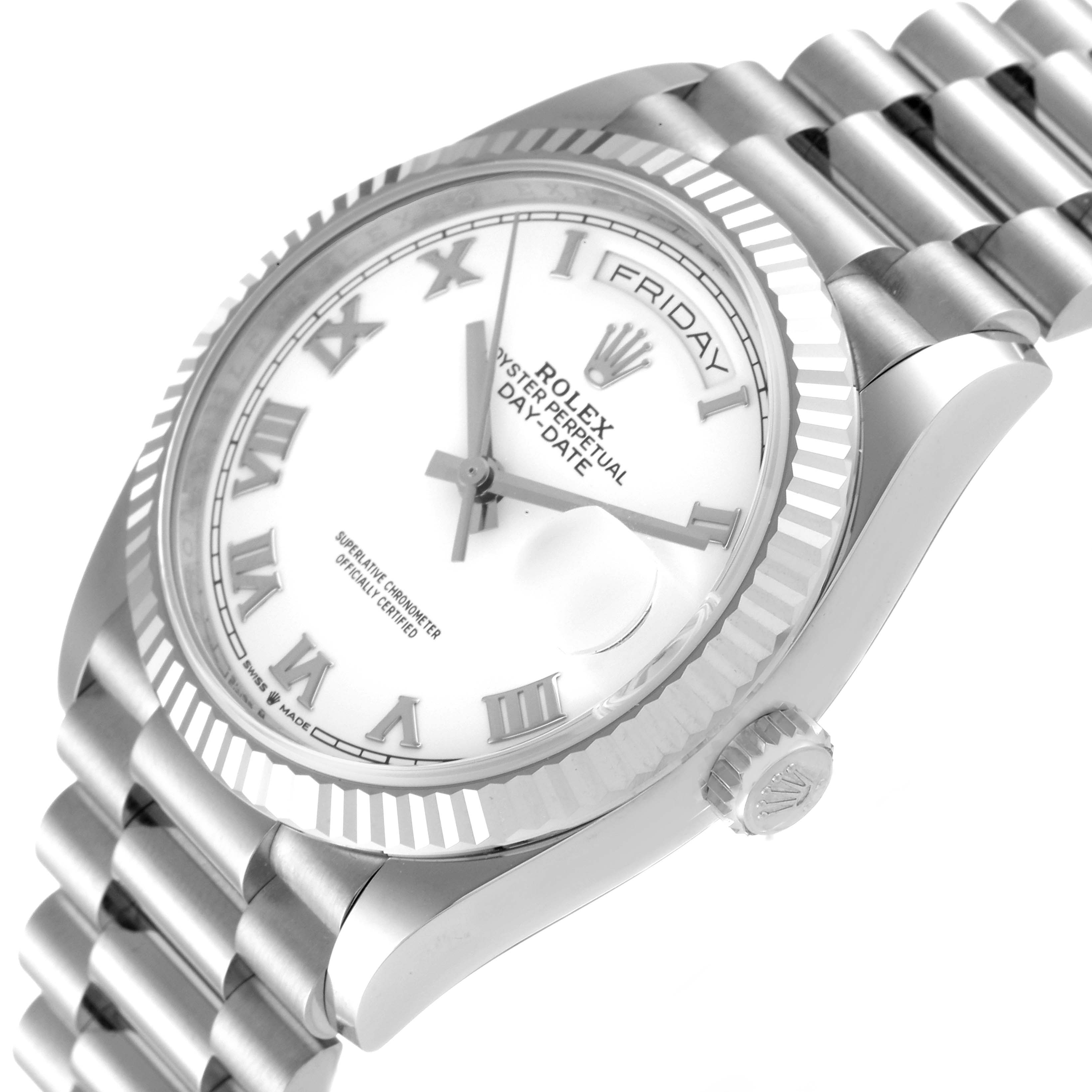 The image shows a side view of the Rolex President 128239 Men's White Gold White Dial 128239 Men's White Gold White Dial model watch, highlighting the dial, crown, and bracelet.