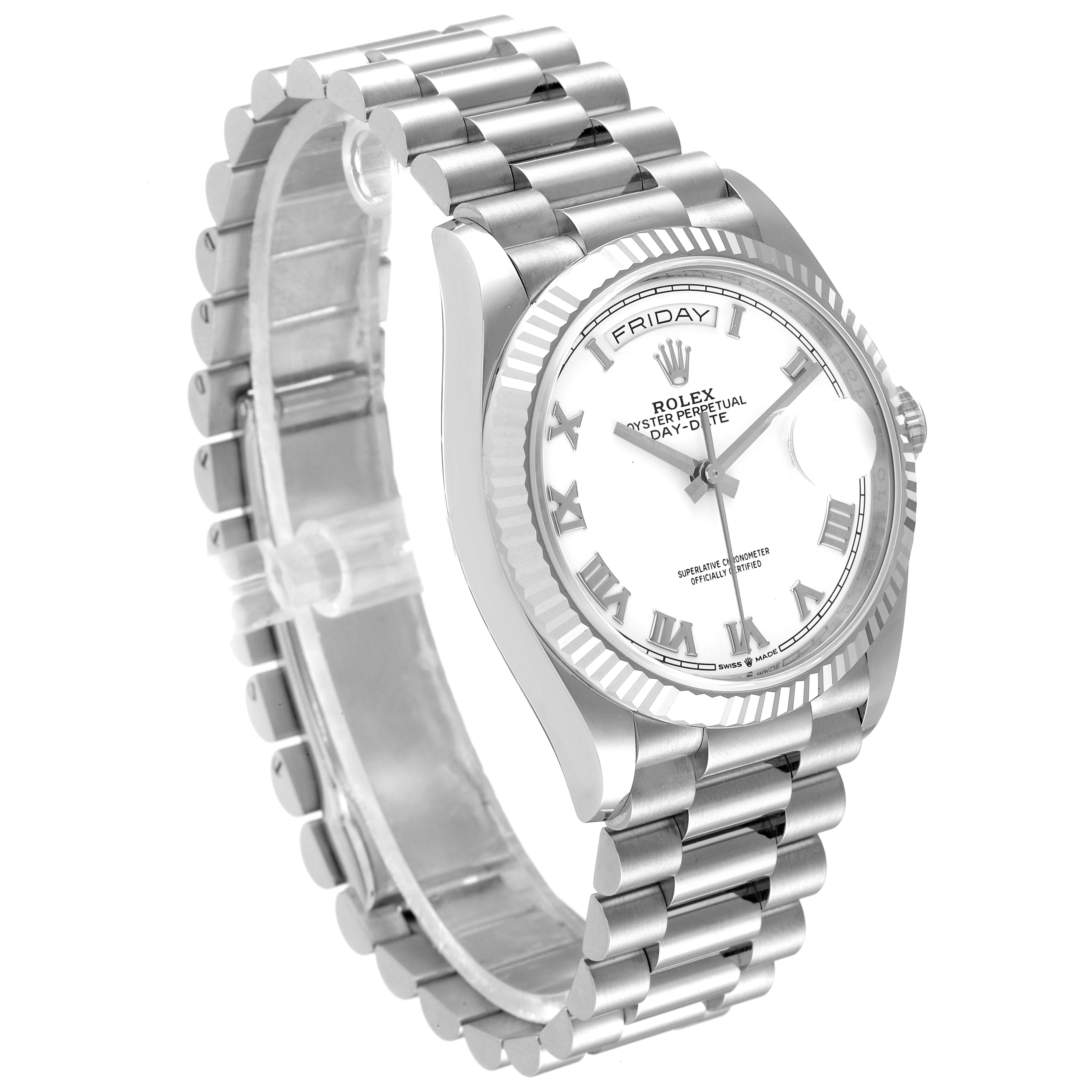 This image shows a Rolex President 128239 Men's White Gold White Dial 128239 Men's White Gold White Dial model watch, highlighting its bracelet, bezel, crown, and dial at a three-quarter angle.