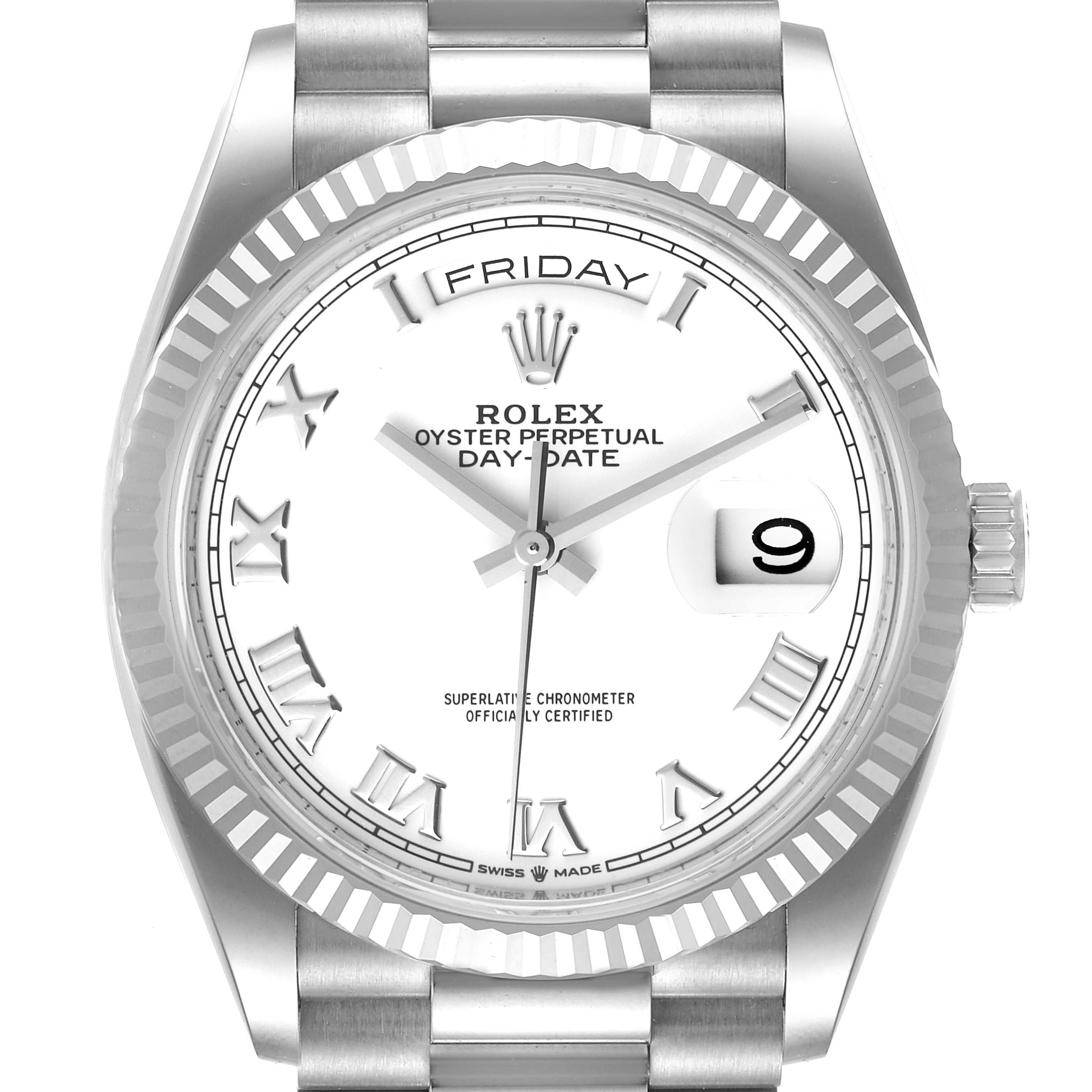 The image shows a front view of a Rolex President 128239 Men's White Gold White Dial 128239 Men's White Gold White Dial model watch, highlighting the dial, Roman numerals, date window, and fluted bezel.
