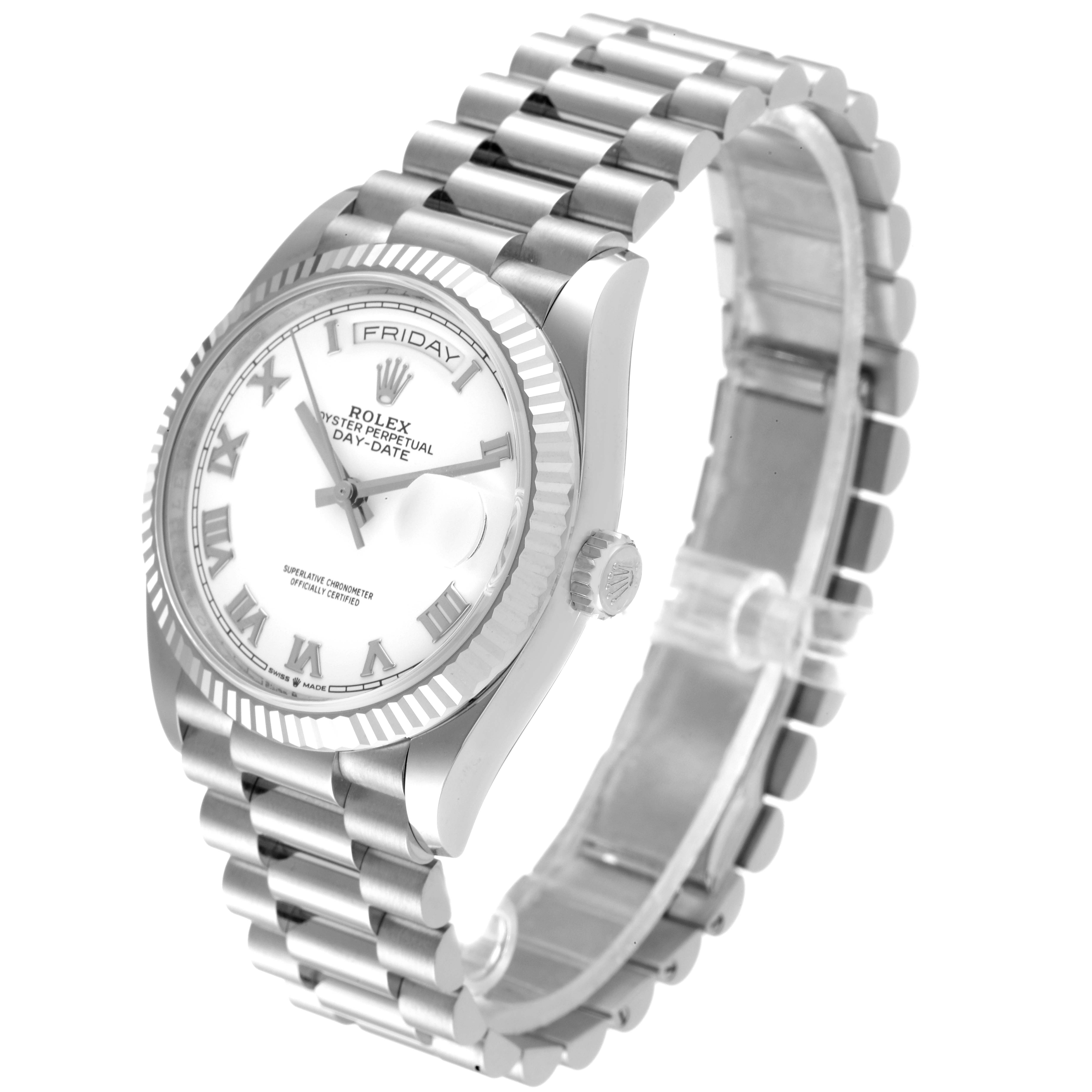 The Rolex President 128239 Men's White Gold White Dial 128239 Men's White Gold White Dial model watch is shown at a three-quarter angle, highlighting its face and band.