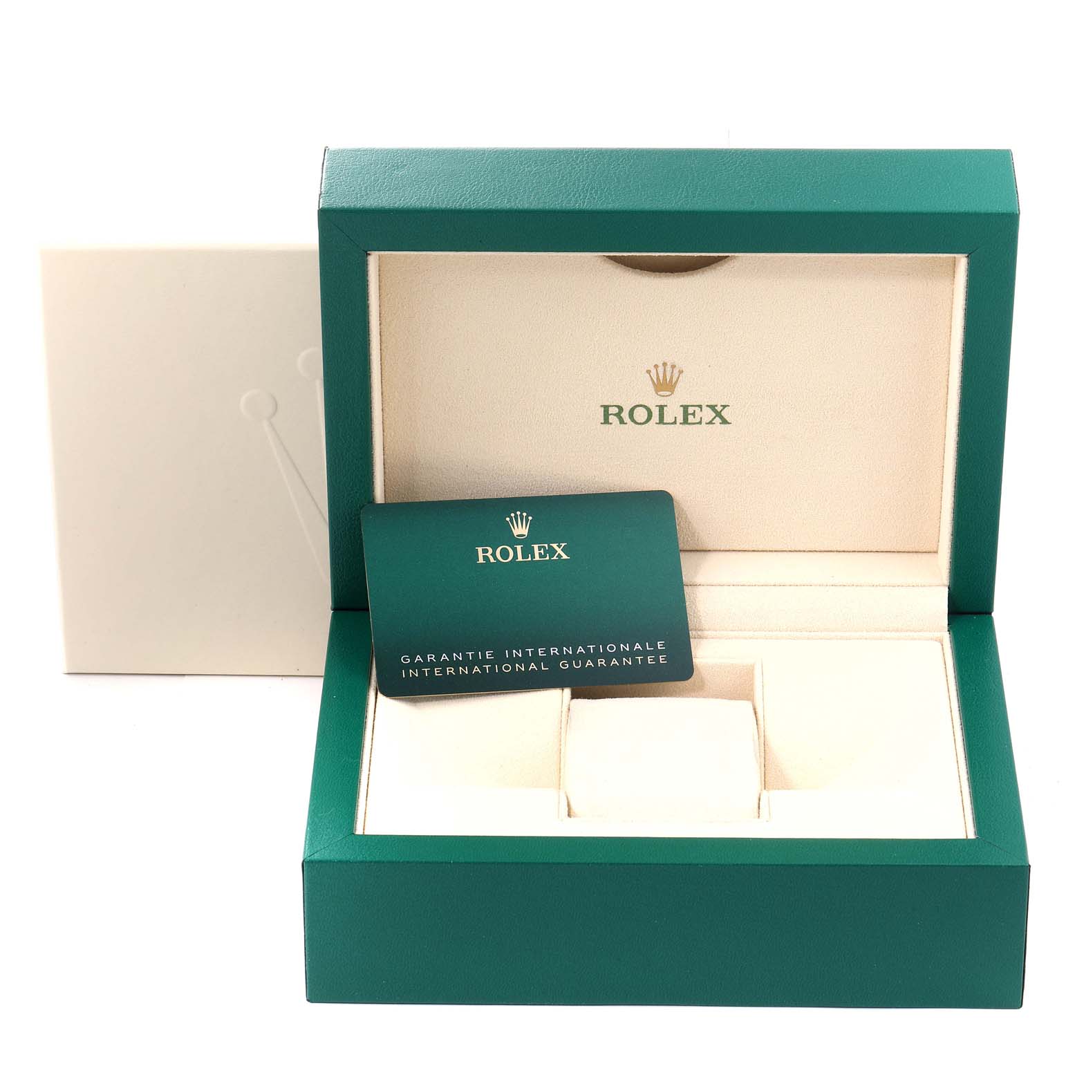 This image shows an open Rolex President 128239 Men's White Gold White Dial 128239 Men's White Gold White Dial model watch box and an international guarantee card.