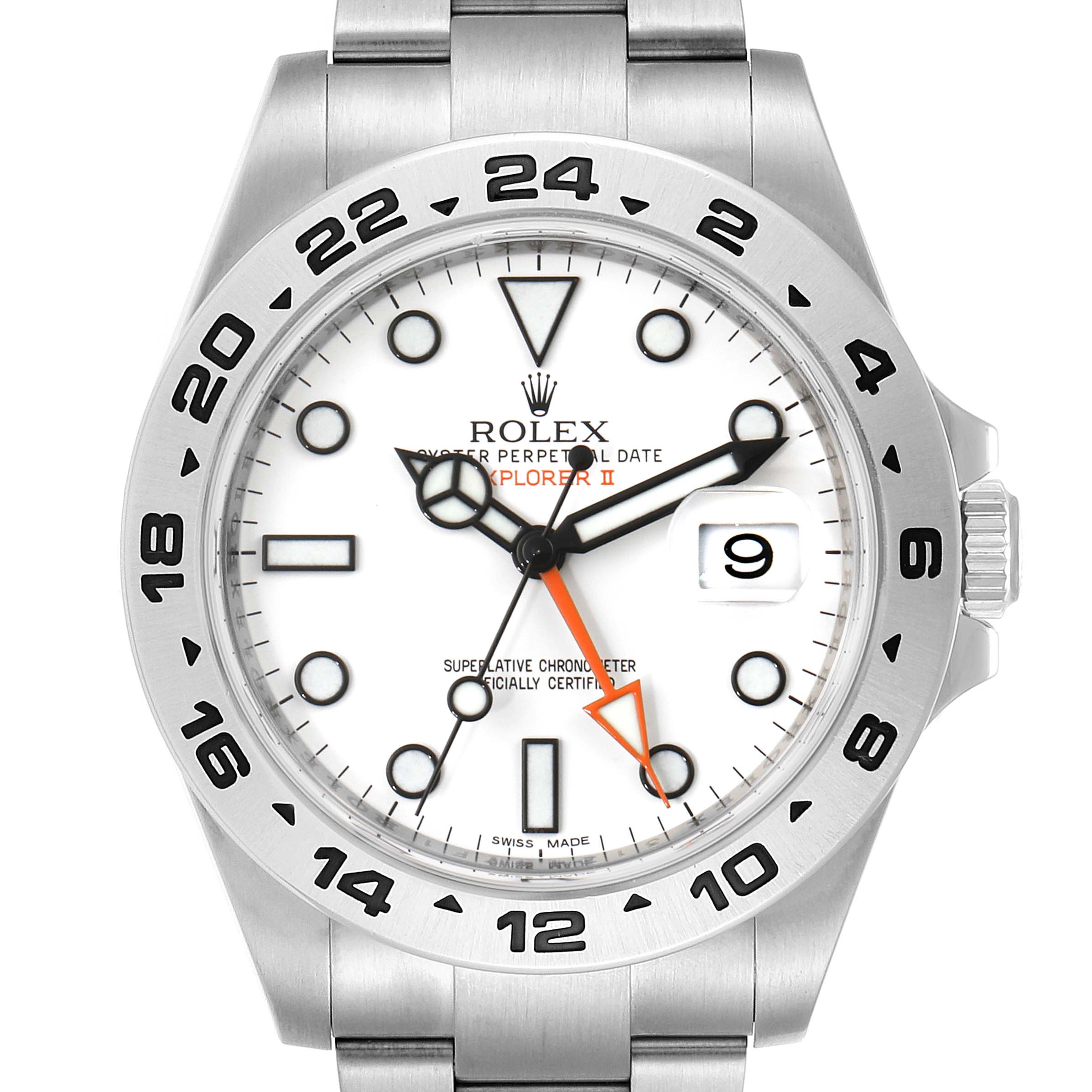 The image shows a frontal view of the Rolex Explorer 216570 Men
s Stainless Steel White Dial 216570 Men
s Stainless Steel White Dial watch, displaying the dial, bezel, hands, and bracelet.