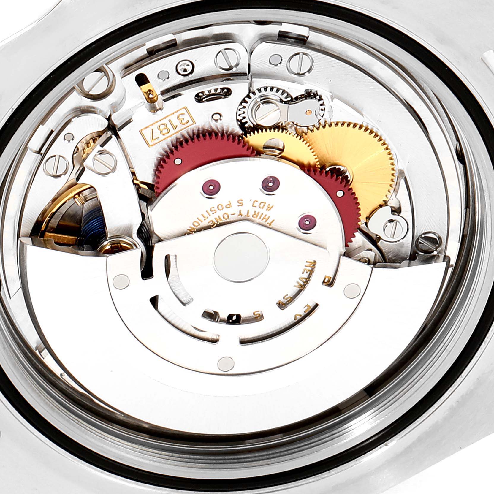 The image shows a close-up view of the movement and internal mechanism of the Rolex Explorer 216570 Men
s Stainless Steel White Dial 216570 Men
s Stainless Steel White Dial watch.