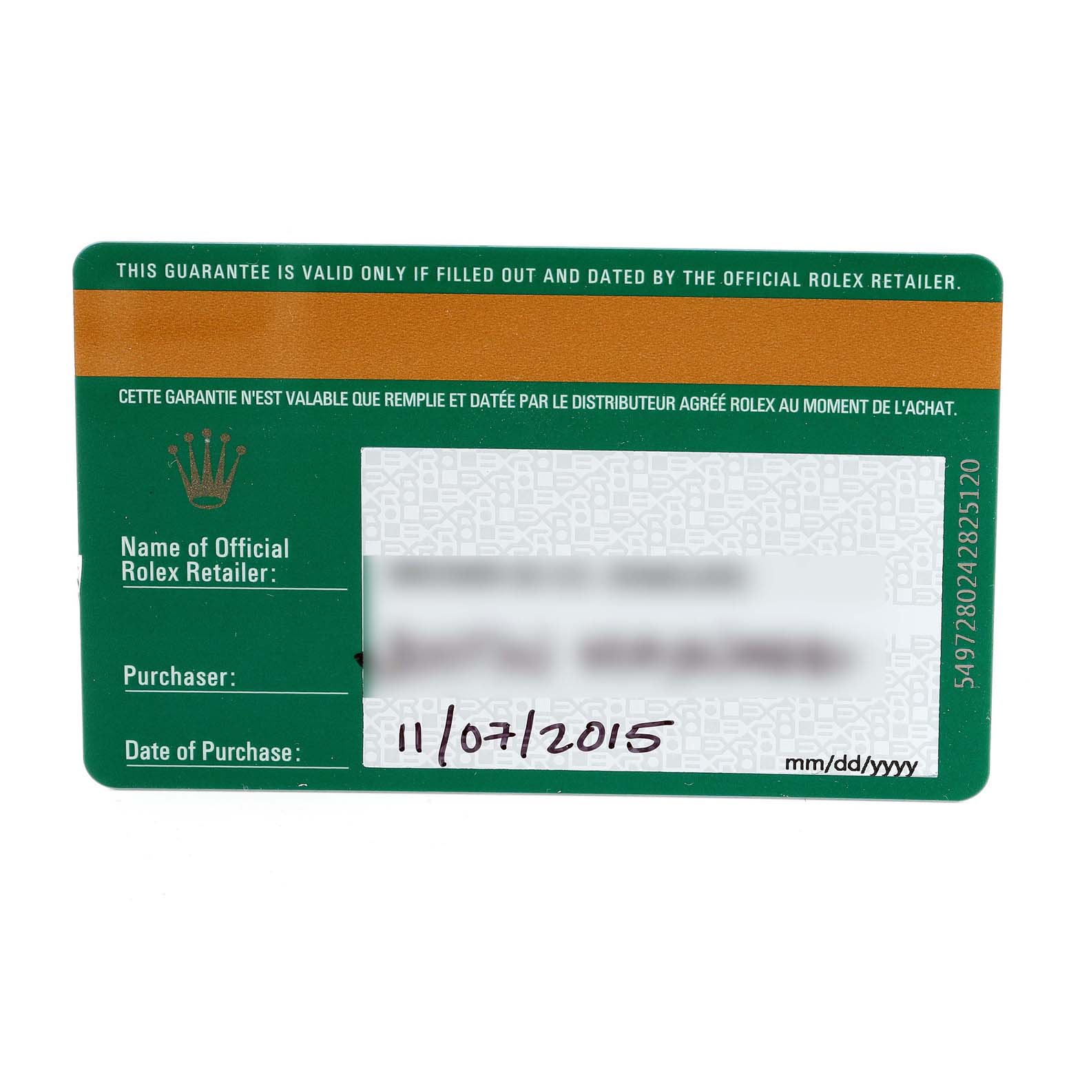 This image shows a guarantee card for the Rolex Explorer 216570 Men
s Stainless Steel White Dial 216570 Men
s Stainless Steel White Dial model, including the retailer
s name, purchaser information, and date of purchase.