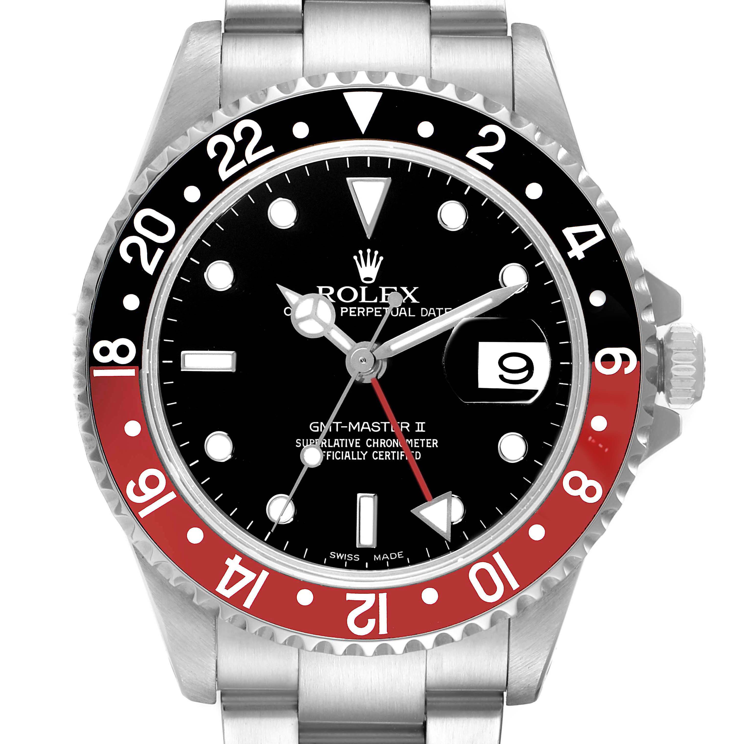 This image shows the front face of the Rolex GMT-Master 16710 Men
s Stainless Steel Black Dial 16710 Men
s Stainless Steel Black Dial II watch, including the dial, bezel, crown, and part of the bracelet.