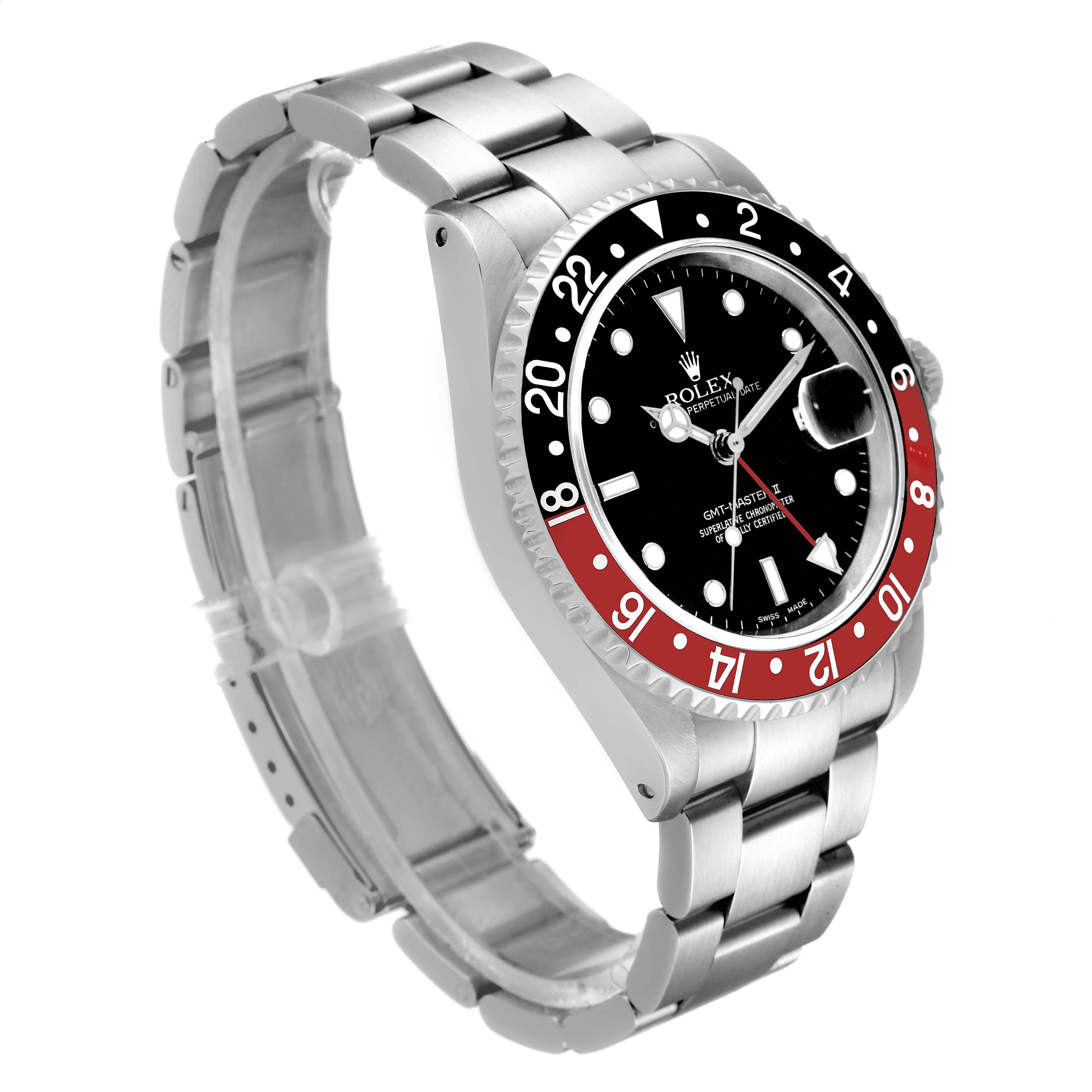 The image shows a Rolex GMT-Master 16710 Men
s Stainless Steel Black Dial 16710 Men
s Stainless Steel Black Dial watch from an angled view, highlighting the bezel, dial, hands, bracelet, and clasp.