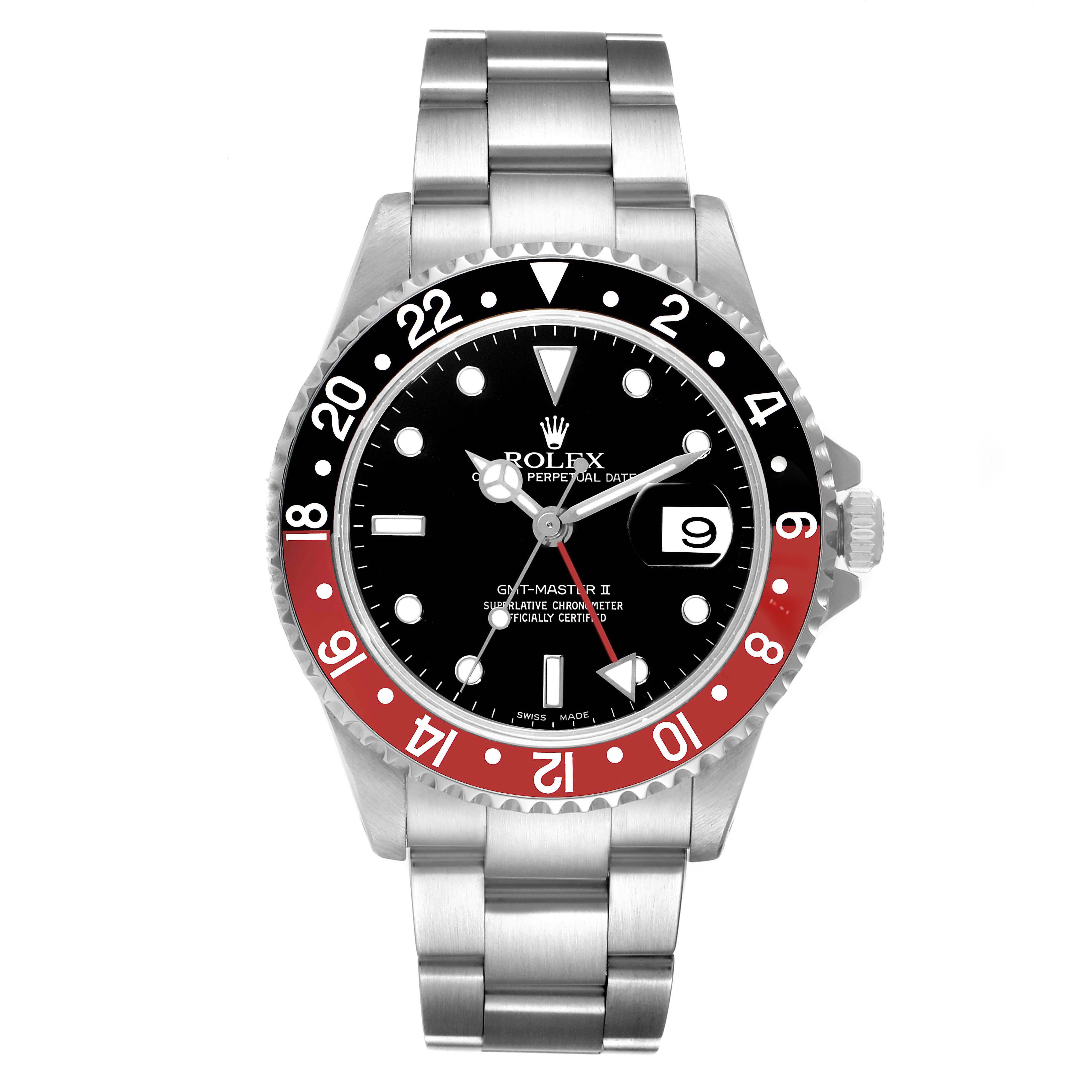 This Rolex GMT-Master 16710 Men
s Stainless Steel Black Dial 16710 Men
s Stainless Steel Black Dial model is shown from the front, displaying the dial, bezel, bracelet, and crown.