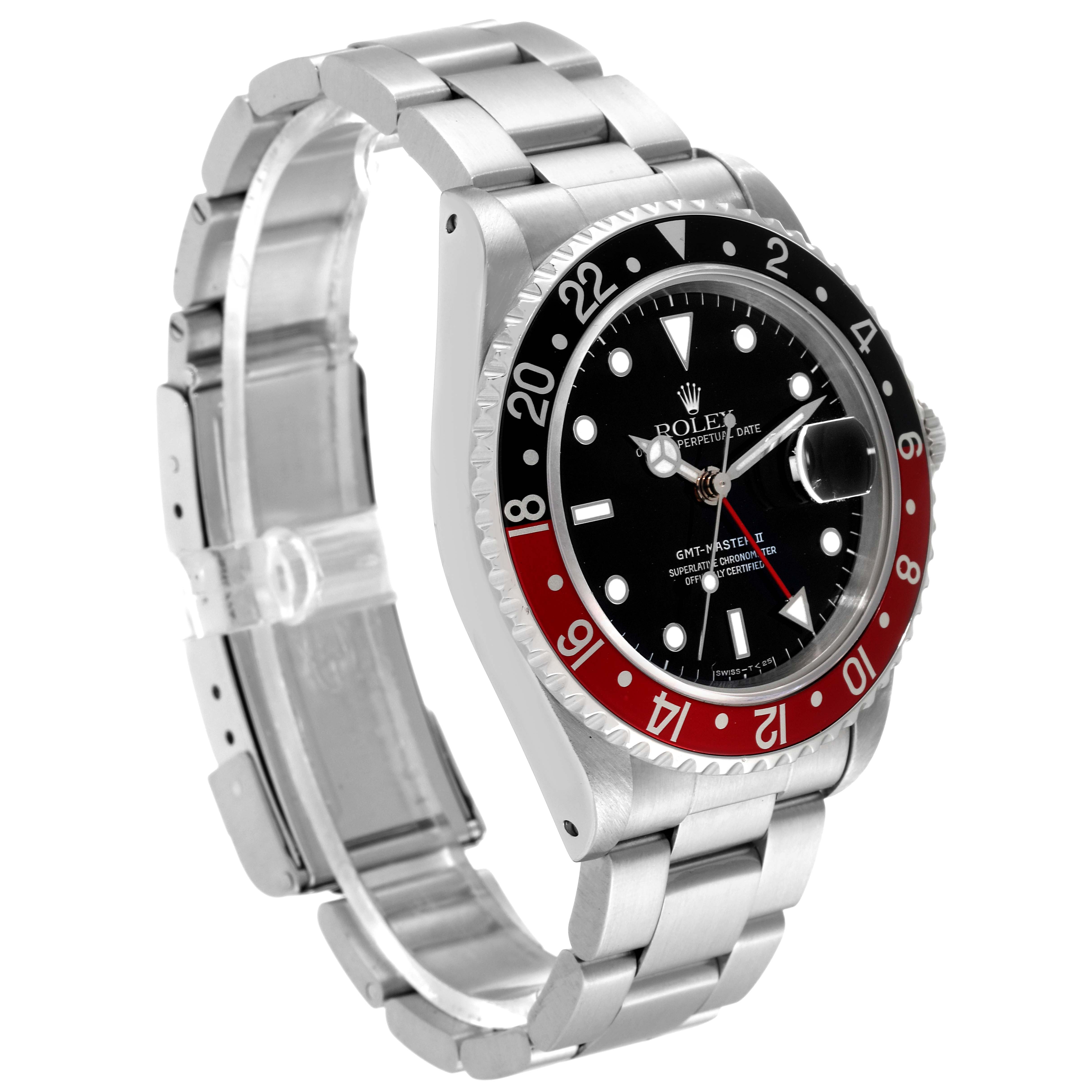 The image shows a side view of a Rolex GMT-Master 16710 Men
s Stainless Steel Black Dial 16710 Men
s Stainless Steel Black Dial watch, highlighting its bezel, dial, case, and bracelet.