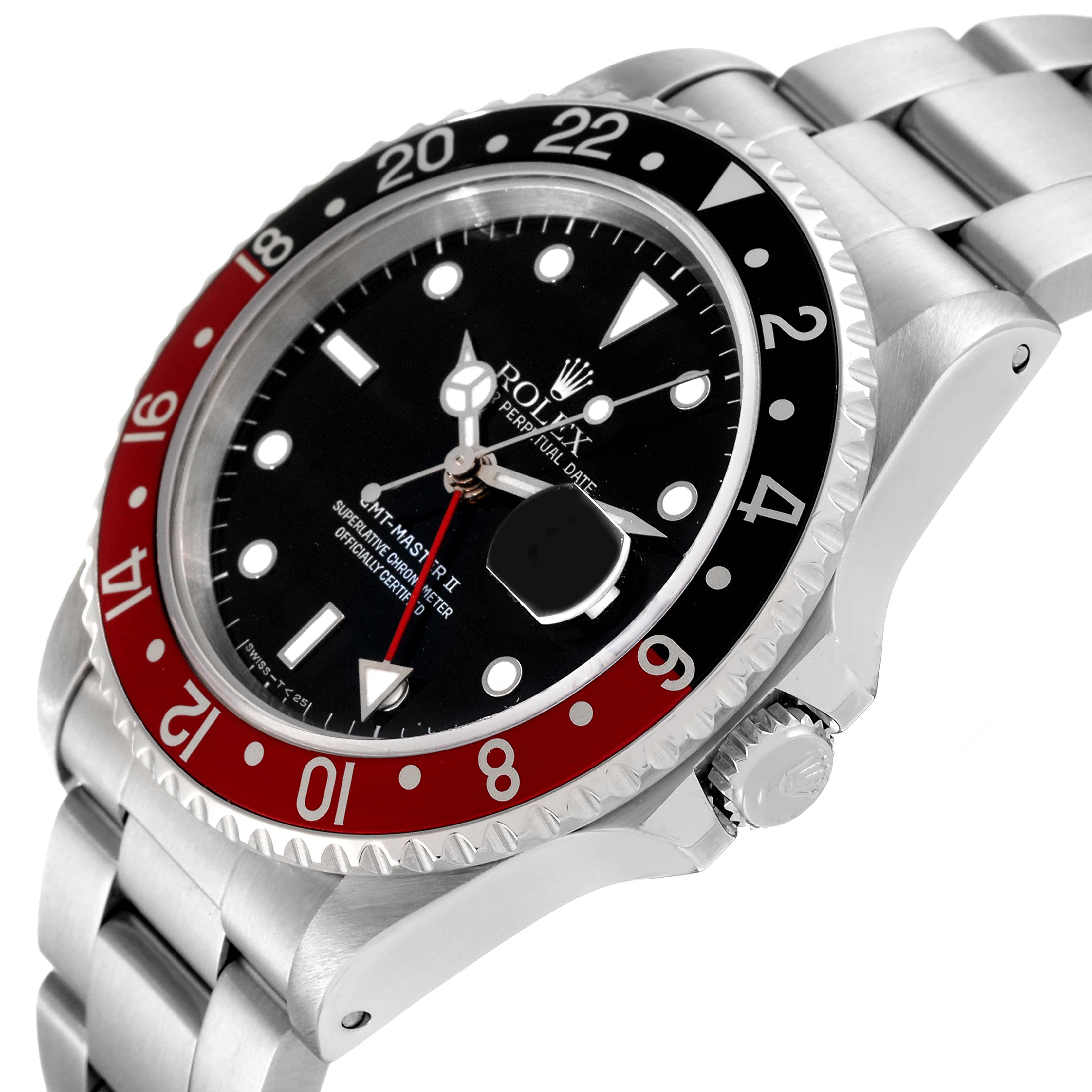 The image shows a Rolex GMT-Master 16710 Men
s Stainless Steel Black Dial 16710 Men
s Stainless Steel Black Dial II watch from an angled side view, highlighting its black and red bezel and bracelet.