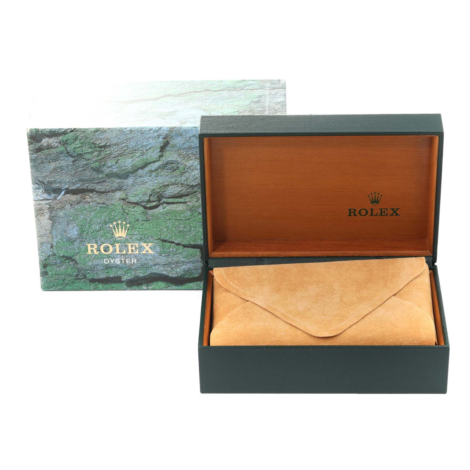 The image shows a Rolex box and leather pouch for a GMT-Master model watch.