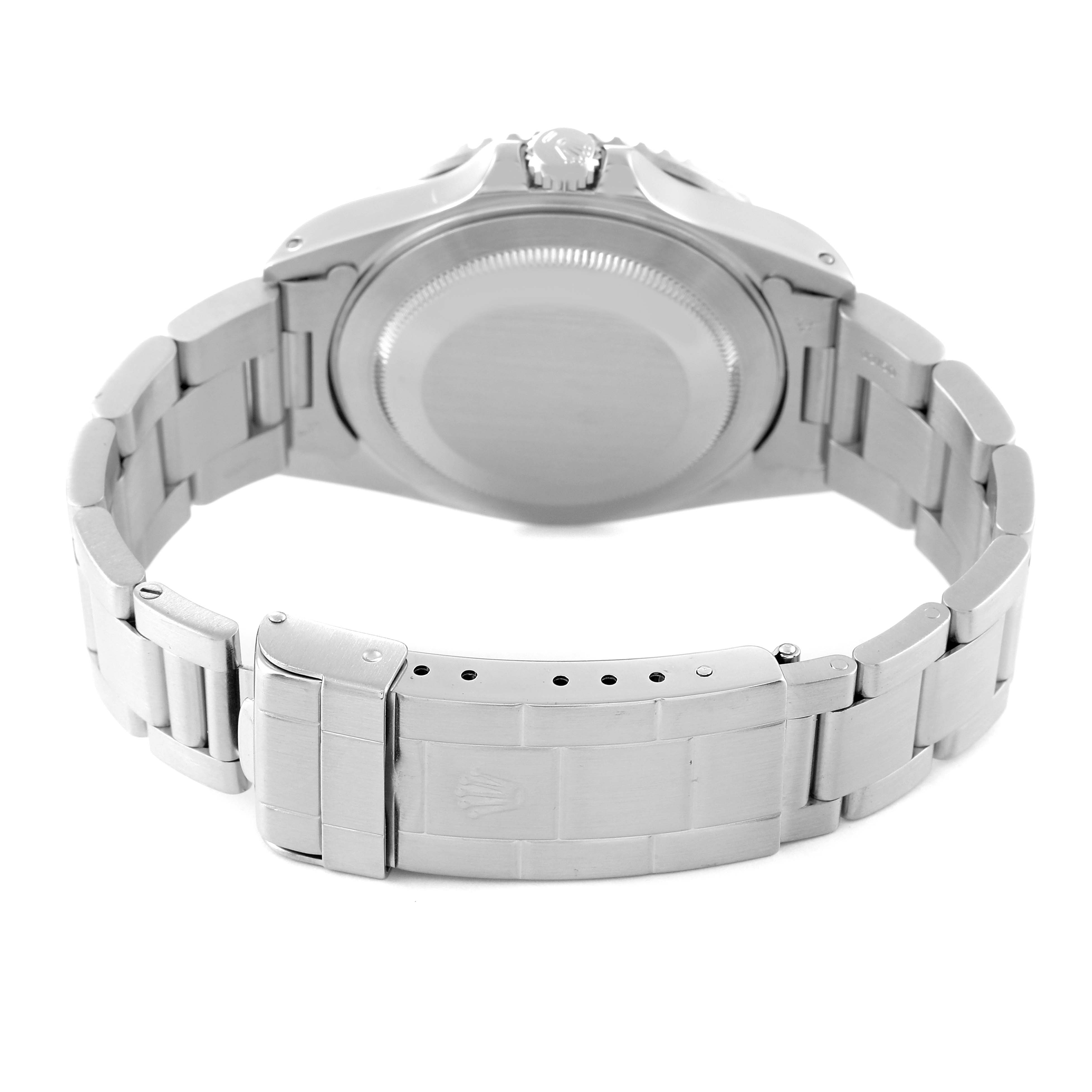 The image shows the back angle of a Rolex GMT-Master 16710 Men
s Stainless Steel Black Dial 16710 Men
s Stainless Steel Black Dial watch, highlighting the case back and bracelet with clasp.