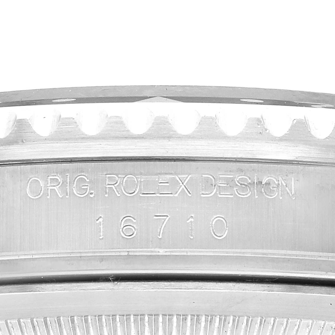 This image shows a close-up view of the case side, featuring the model number and design engraving of a Rolex GMT-Master 16710 Men
s Stainless Steel Black Dial 16710 Men
s Stainless Steel Black Dial 16710.