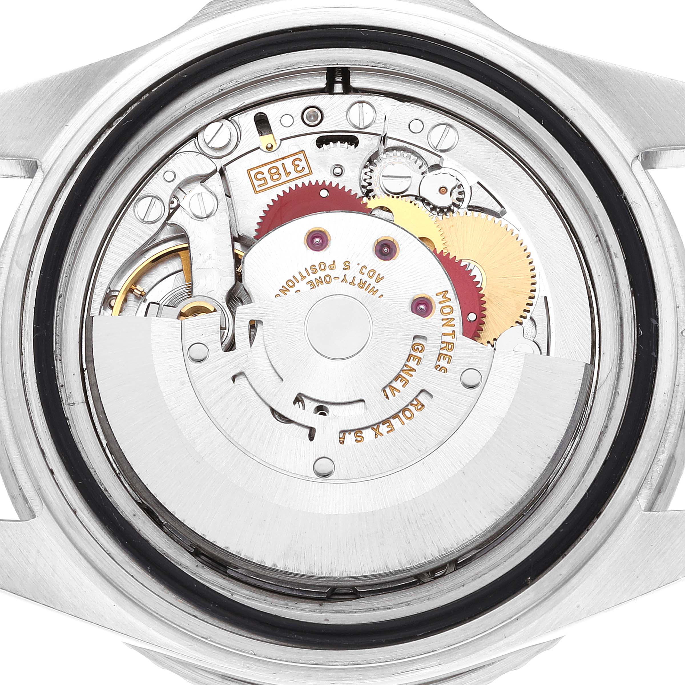 This image shows the internal mechanism of a Rolex GMT-Master 16710 Men
s Stainless Steel Black Dial 16710 Men
s Stainless Steel Black Dial watch taken from the back, displaying its intricate gears and components.