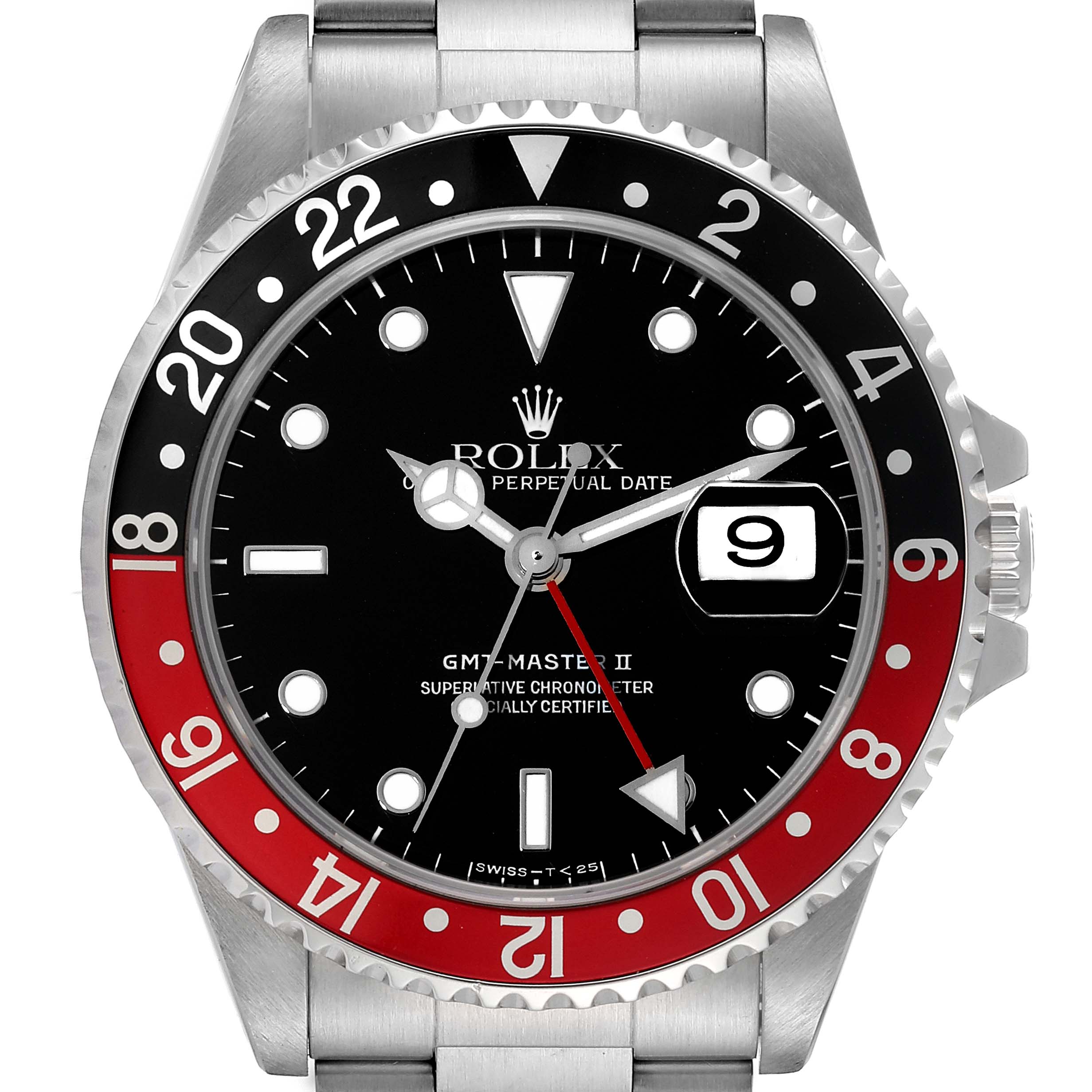 The image shows the front view of a Rolex GMT-Master 16710 Men
s Stainless Steel Black Dial 16710 Men
s Stainless Steel Black Dial II watch, highlighting the dial, bezel, and bracelet.