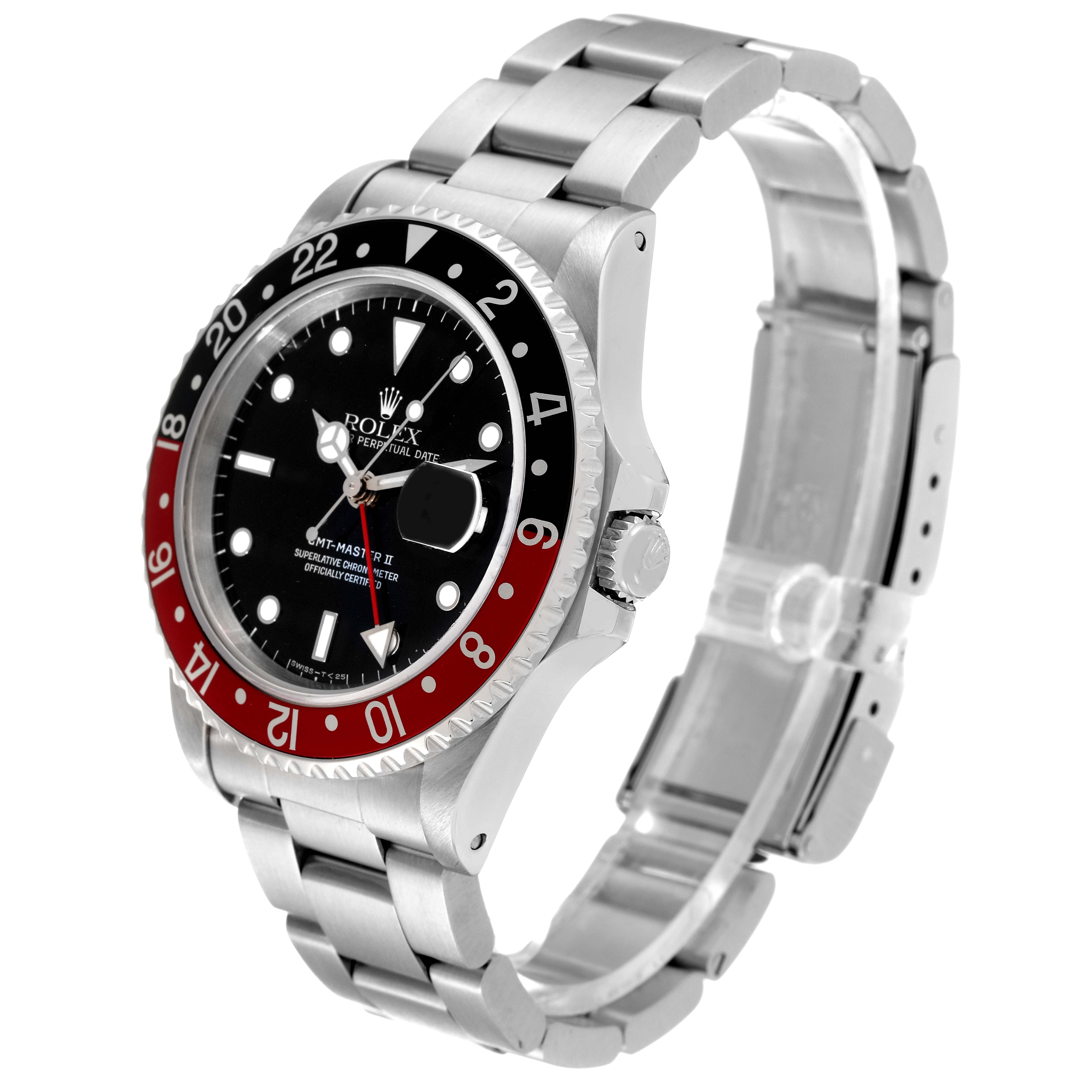 This image shows the Rolex GMT-Master 16710 Men
s Stainless Steel Black Dial 16710 Men
s Stainless Steel Black Dial watch at a three-quarter angle, highlighting its bezel, face, and bracelet.