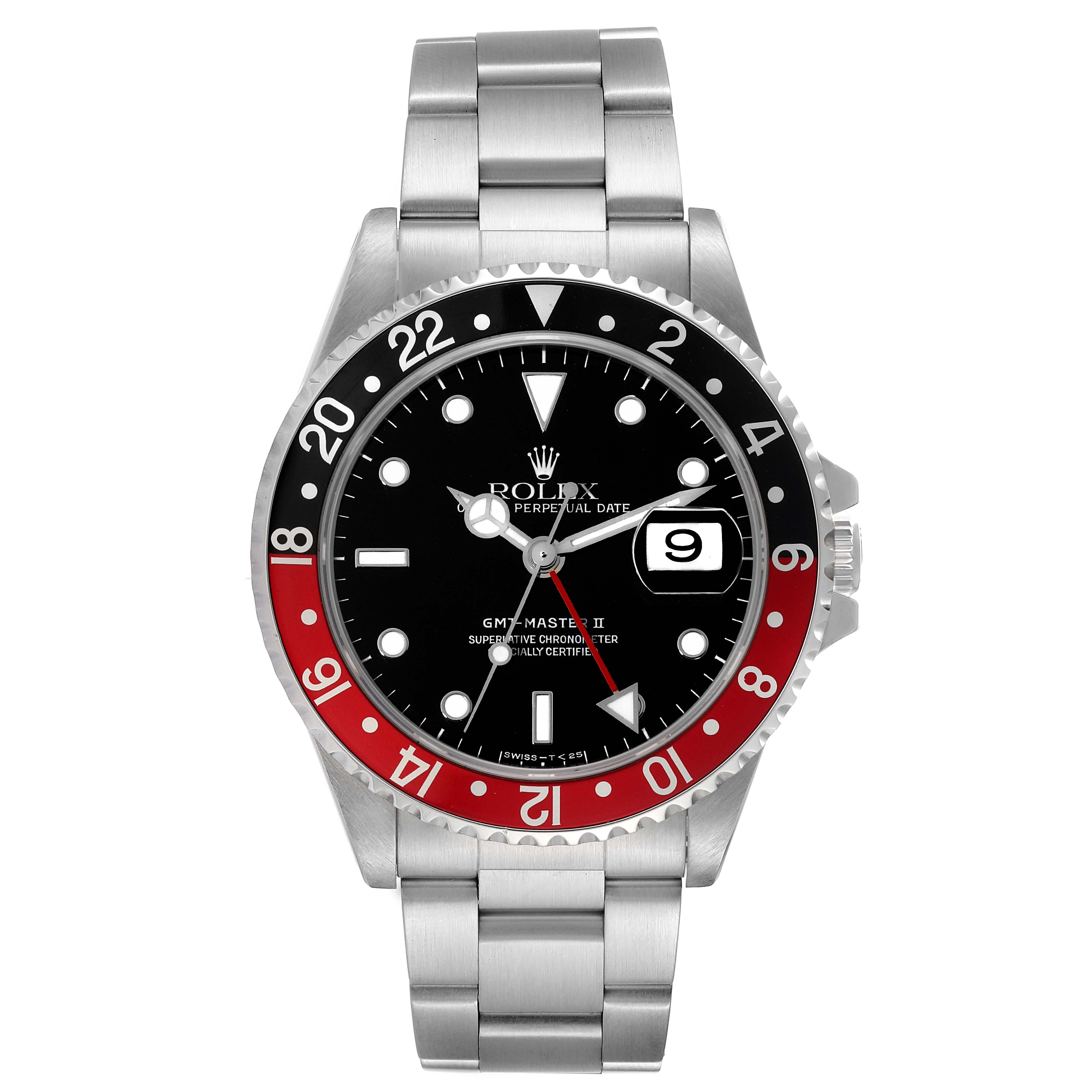 This image shows a front view of a Rolex GMT-Master 16710 Men
s Stainless Steel Black Dial 16710 Men
s Stainless Steel Black Dial II watch, displaying the face, bezel, and bracelet.