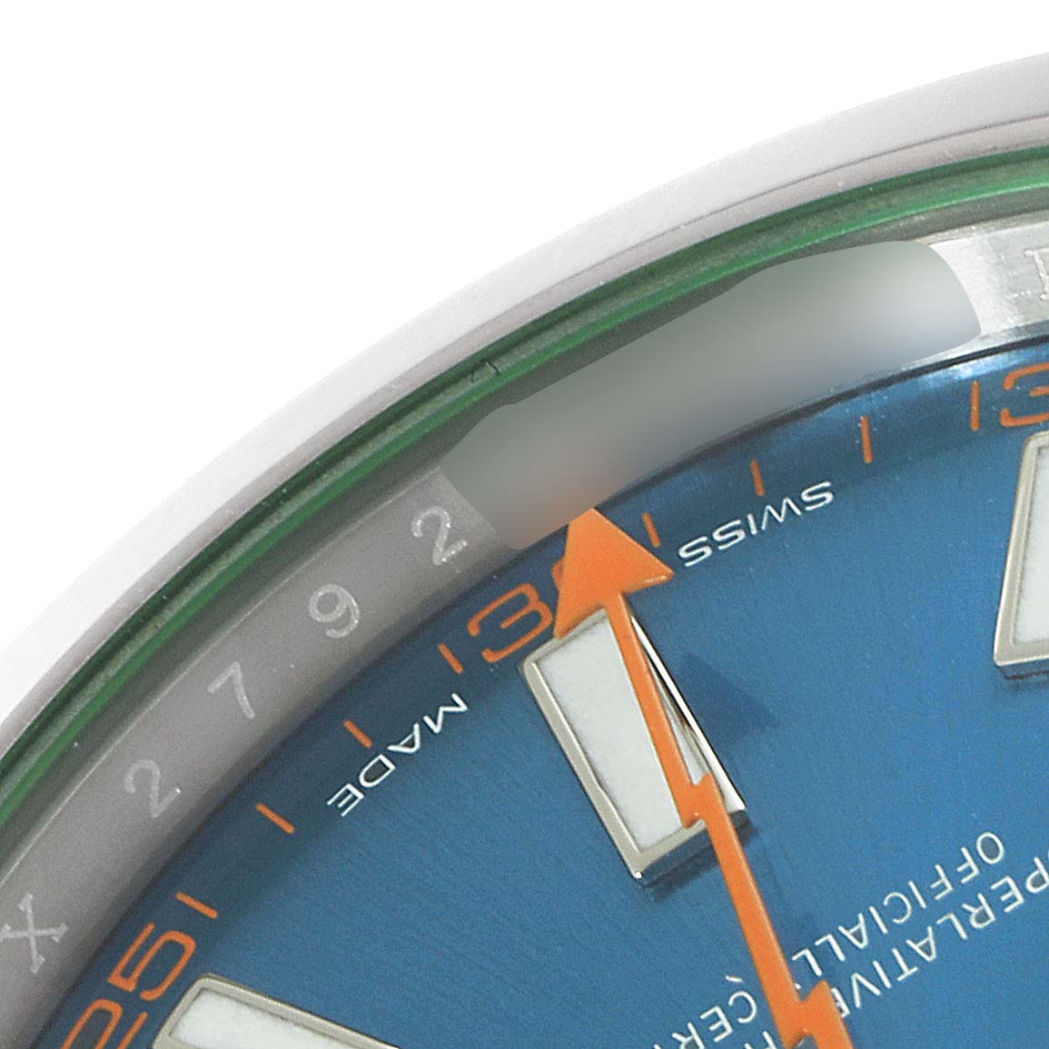 This image shows a close-up of the dial, including the second hand and partial numeric minute markers, of a Rolex Milgauss 116400GV Men
s Stainless Steel Blue Dial 116400GV Men
s Stainless Steel Blue Dial watch.