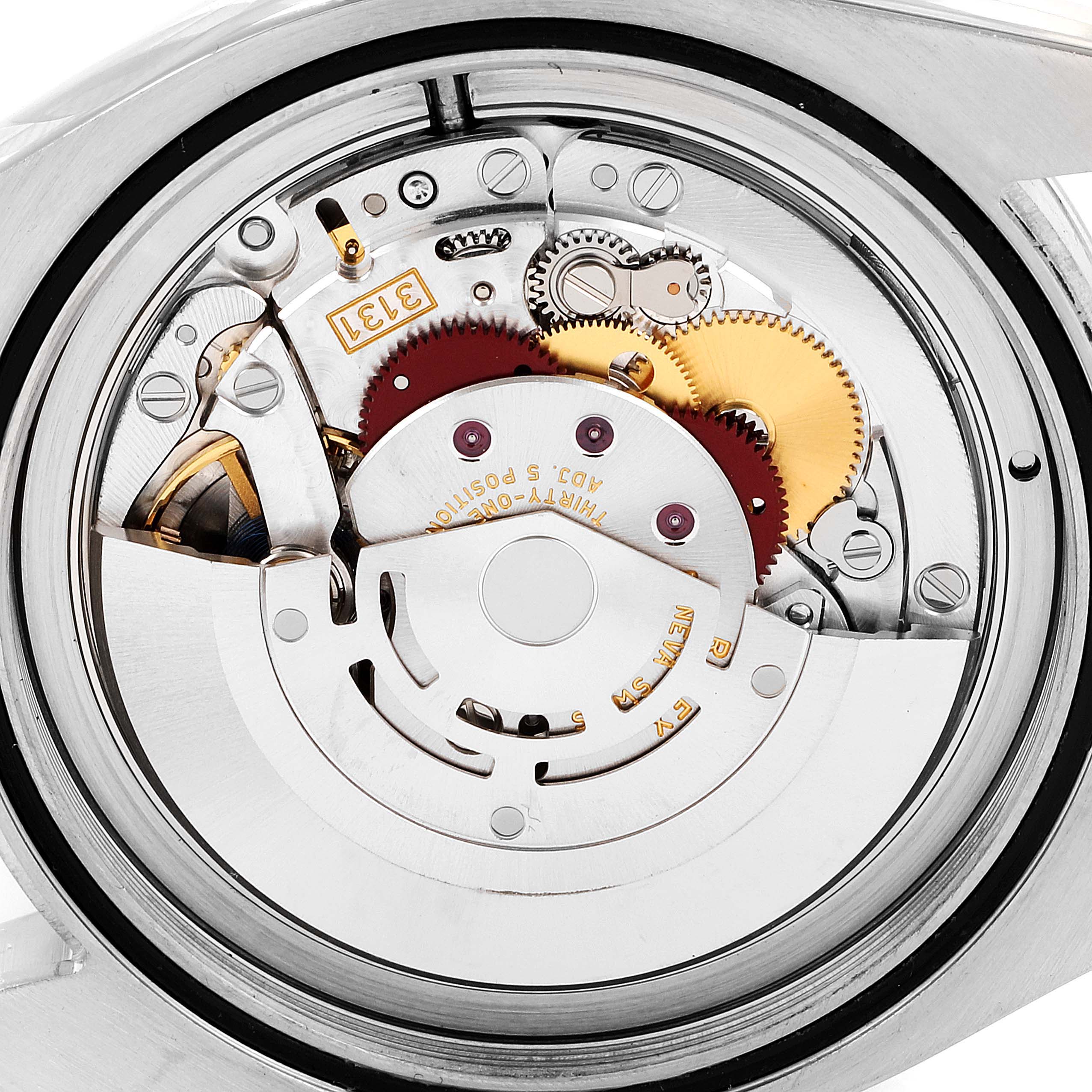 This image shows the intricate movement and inner mechanism of the Rolex Milgauss 116400GV Men
s Stainless Steel Blue Dial 116400GV Men
s Stainless Steel Blue Dial watch, viewed from the back.