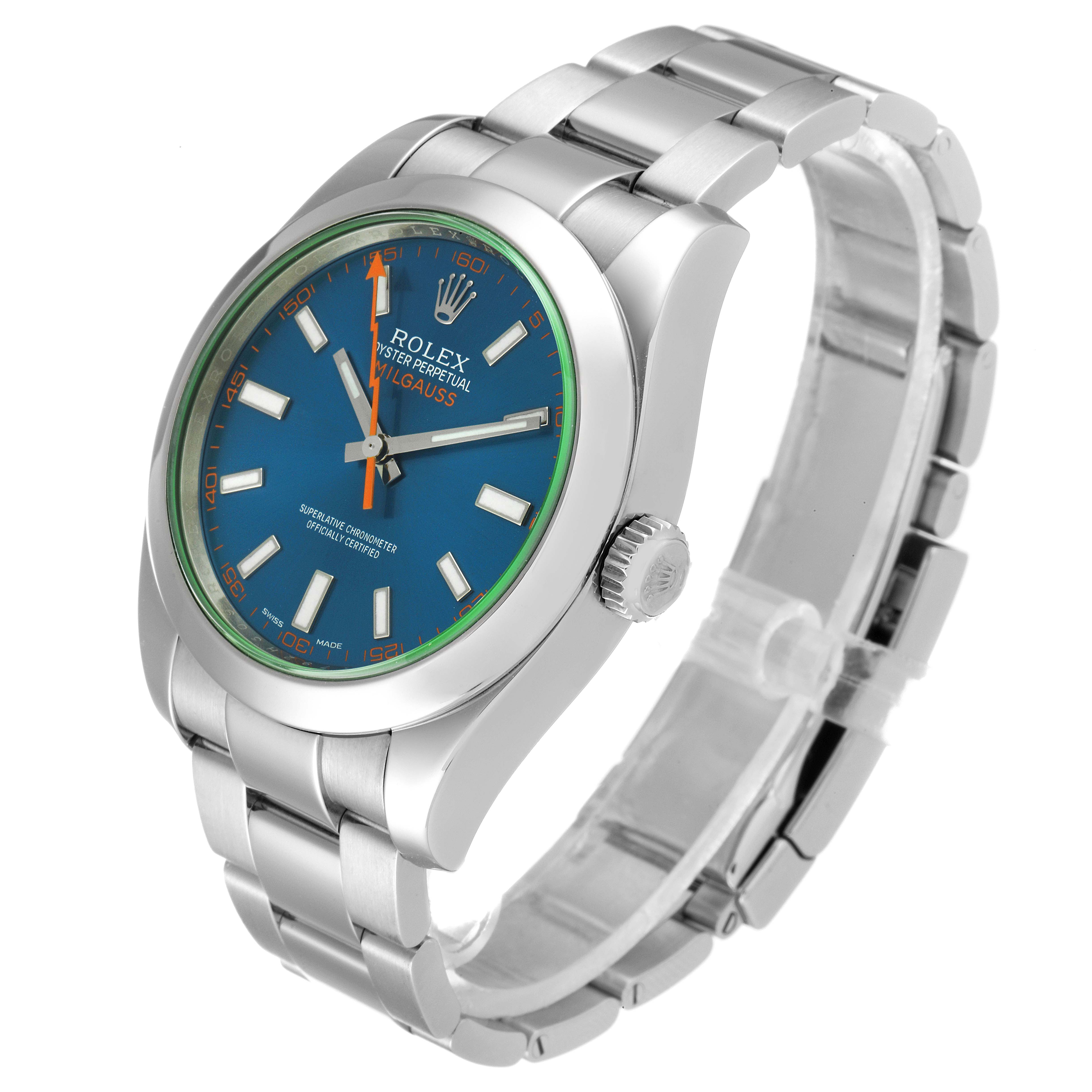 This image shows a Rolex Milgauss 116400GV Men
s Stainless Steel Blue Dial 116400GV Men
s Stainless Steel Blue Dial watch from an angled side view, highlighting the dial, crown, and bracelet.