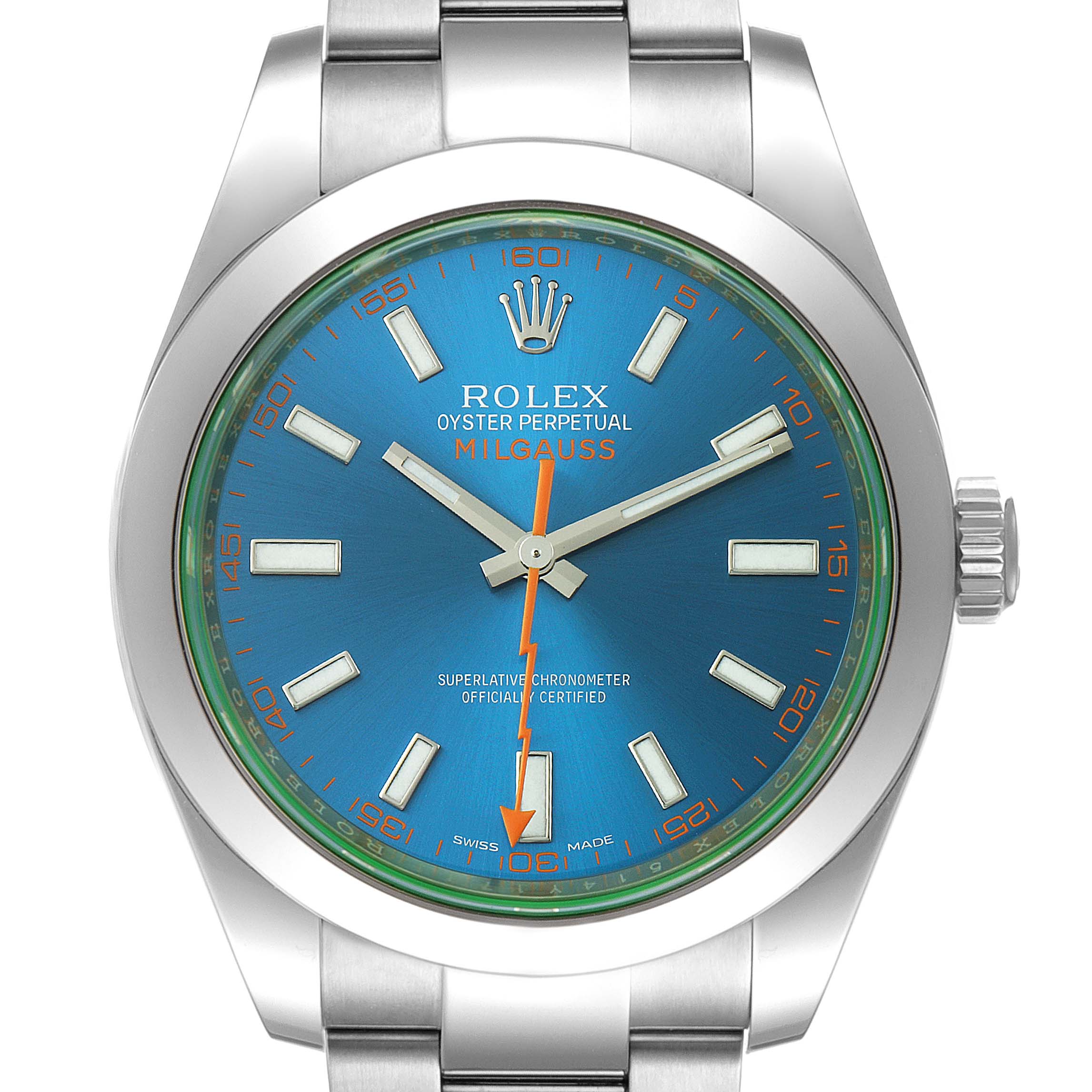 The image shows a front view of the Rolex Milgauss 116400GV Men
s Stainless Steel Blue Dial 116400GV Men
s Stainless Steel Blue Dial watch highlighting its blue dial, orange lightning bolt second hand, and stainless steel bracelet.