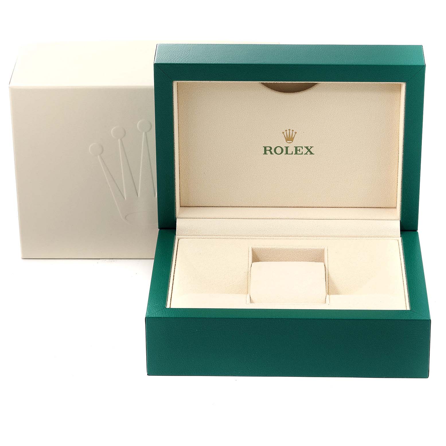 This image shows the open box and outer packaging for a Rolex Milgauss 116400GV Men
s Stainless Steel Blue Dial 116400GV Men
s Stainless Steel Blue Dial watch, displaying the brand
s logo inside.