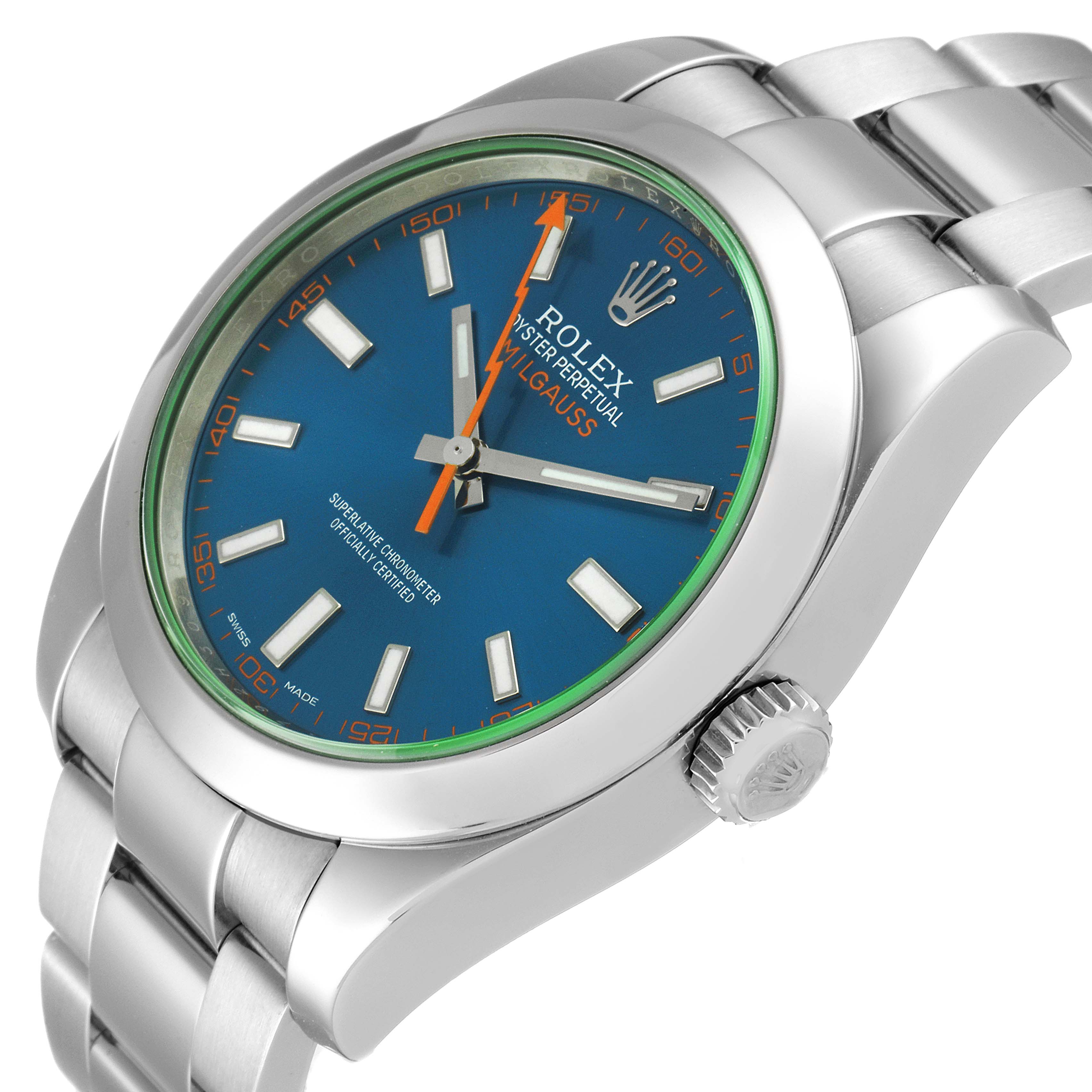 The image shows a side and front angle of the Rolex Milgauss 116400GV Men
s Stainless Steel Blue Dial 116400GV Men
s Stainless Steel Blue Dial watch, highlighting its blue dial, crown, and stainless steel bracelet.
