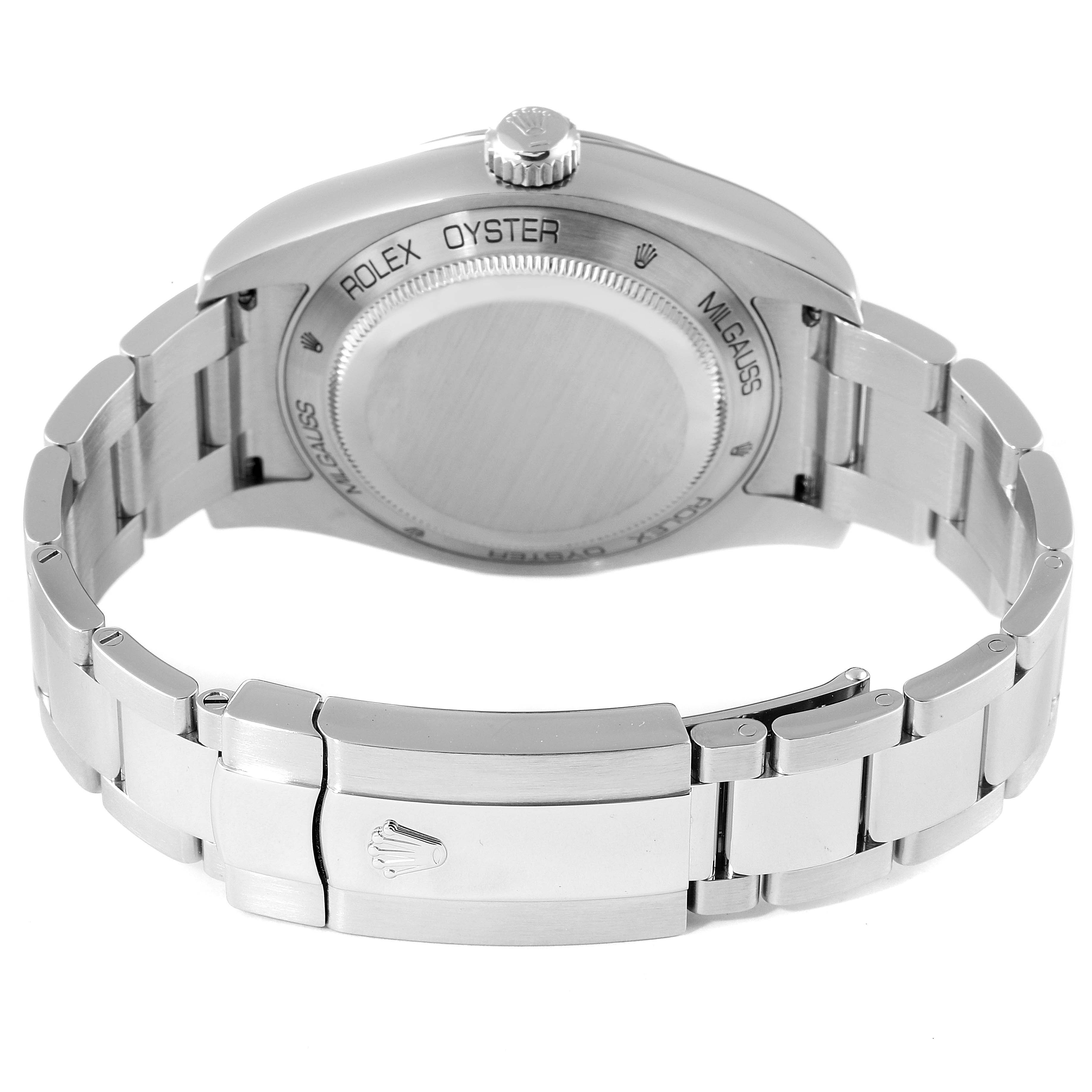 The image shows the rear view of the Rolex Milgauss 116400GV Men
s Stainless Steel Blue Dial 116400GV Men
s Stainless Steel Blue Dial watch, focusing on its case back, bracelet, and clasp.