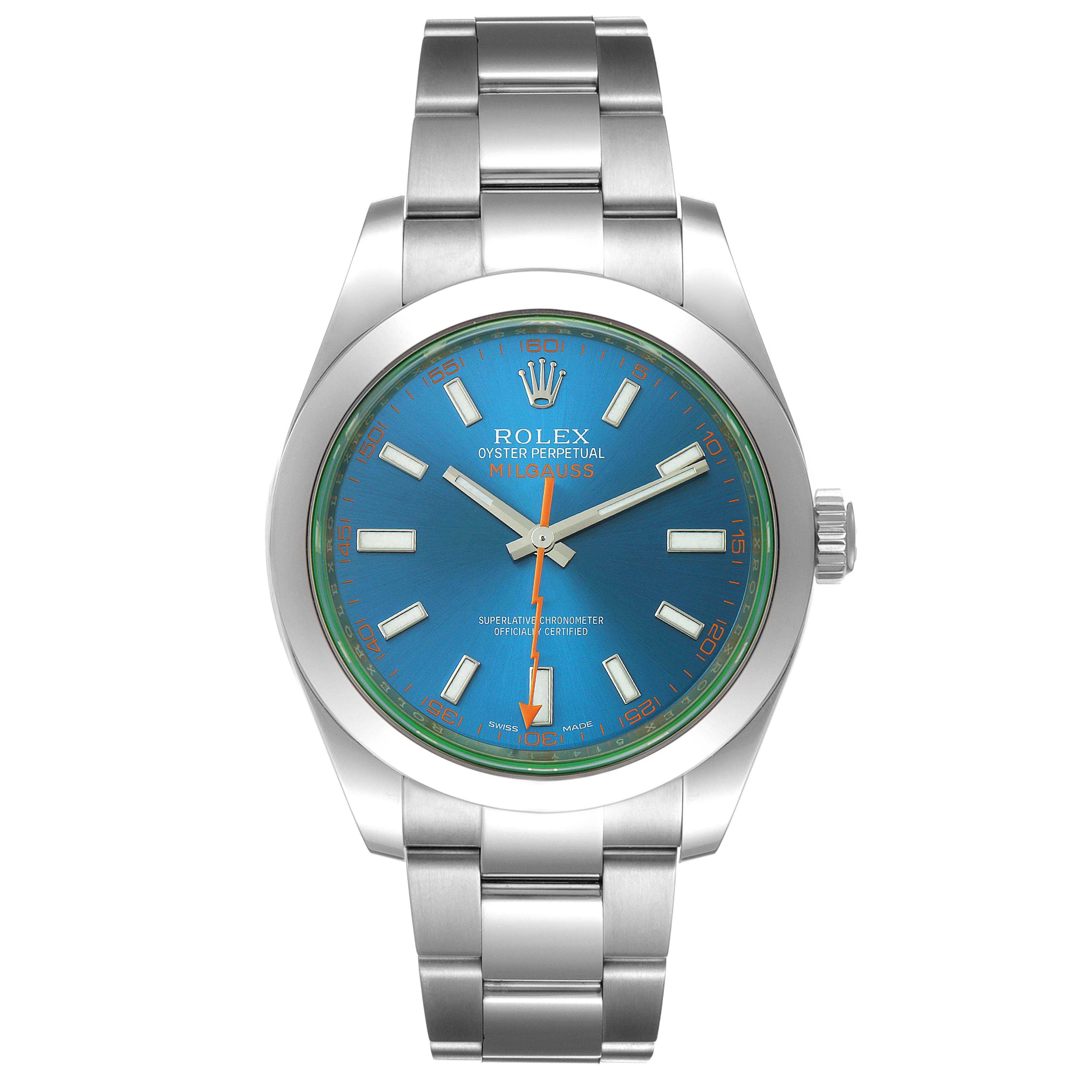The image shows a frontal view of a Rolex Milgauss 116400GV Men
s Stainless Steel Blue Dial 116400GV Men
s Stainless Steel Blue Dial watch, highlighting the dial, hands, crown, and bracelet.