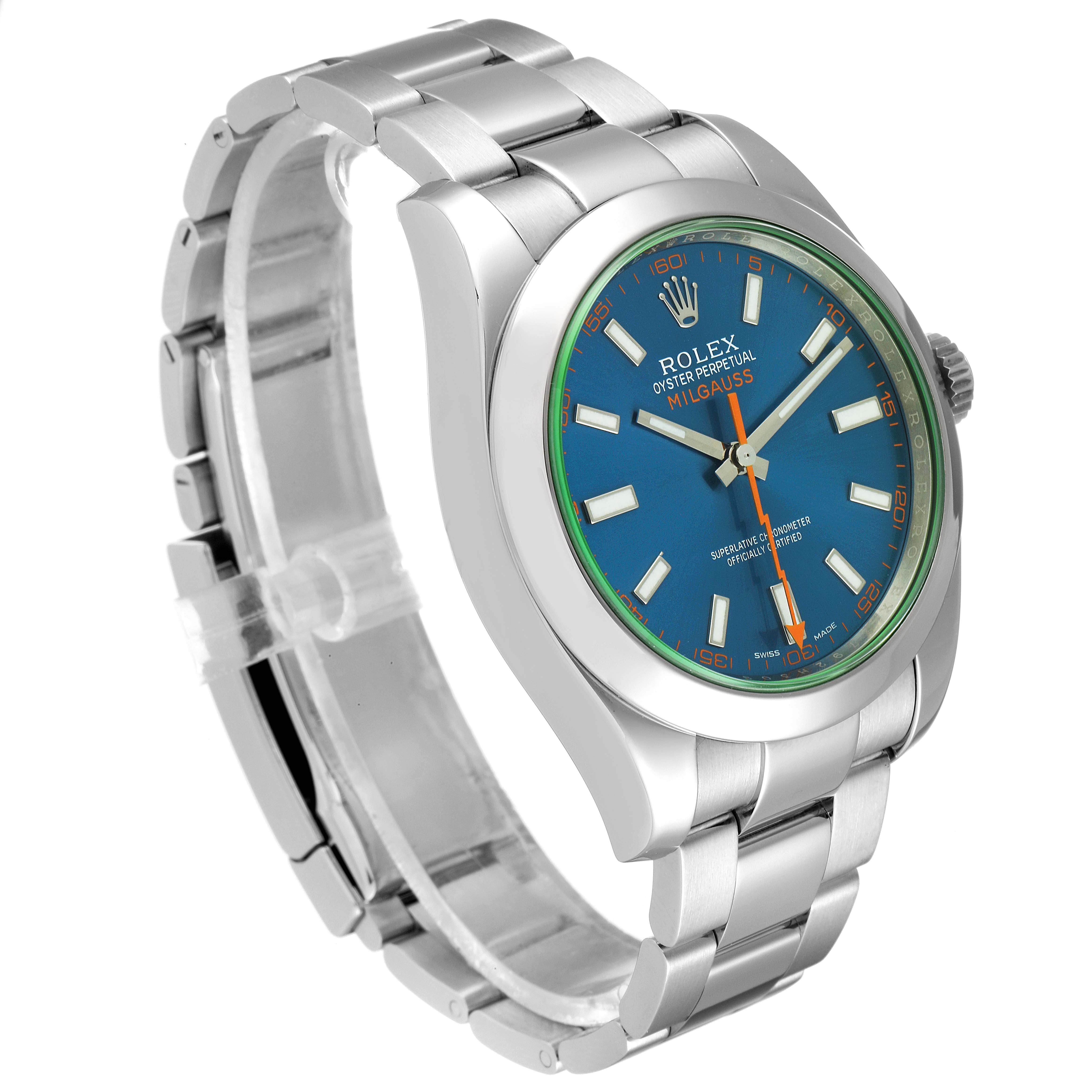 This image shows a Rolex Milgauss 116400GV Men
s Stainless Steel Blue Dial 116400GV Men
s Stainless Steel Blue Dial watch at a three-quarter angle, highlighting its blue dial, hour markers, and stainless steel bracelet.
