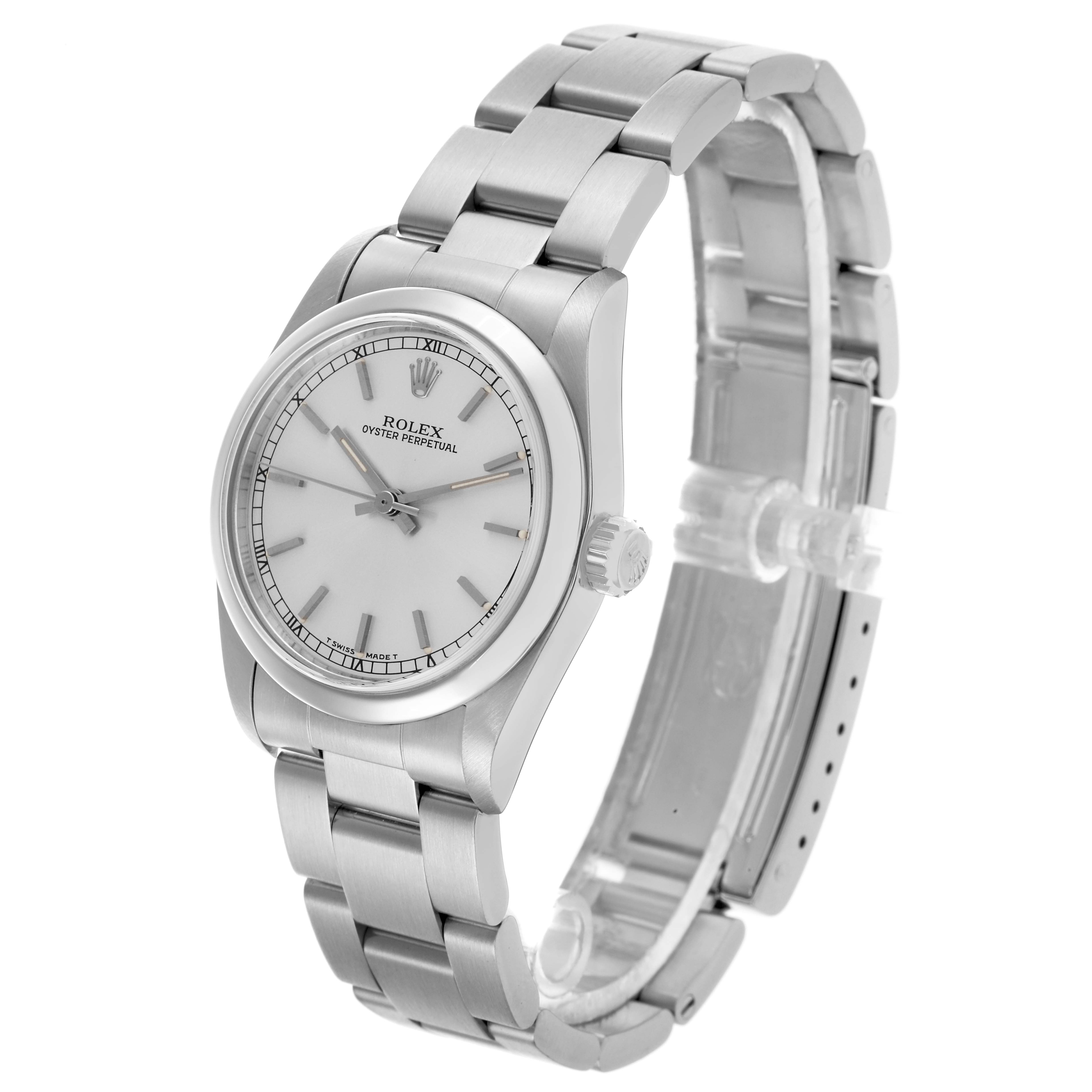 The Rolex Mid-Size 67480 Women's Stainless Steel Silver Dial 67480 Women's Stainless Steel Silver Dial watch is shown at a slight angle, highlighting the face, bezel, case, and bracelet.