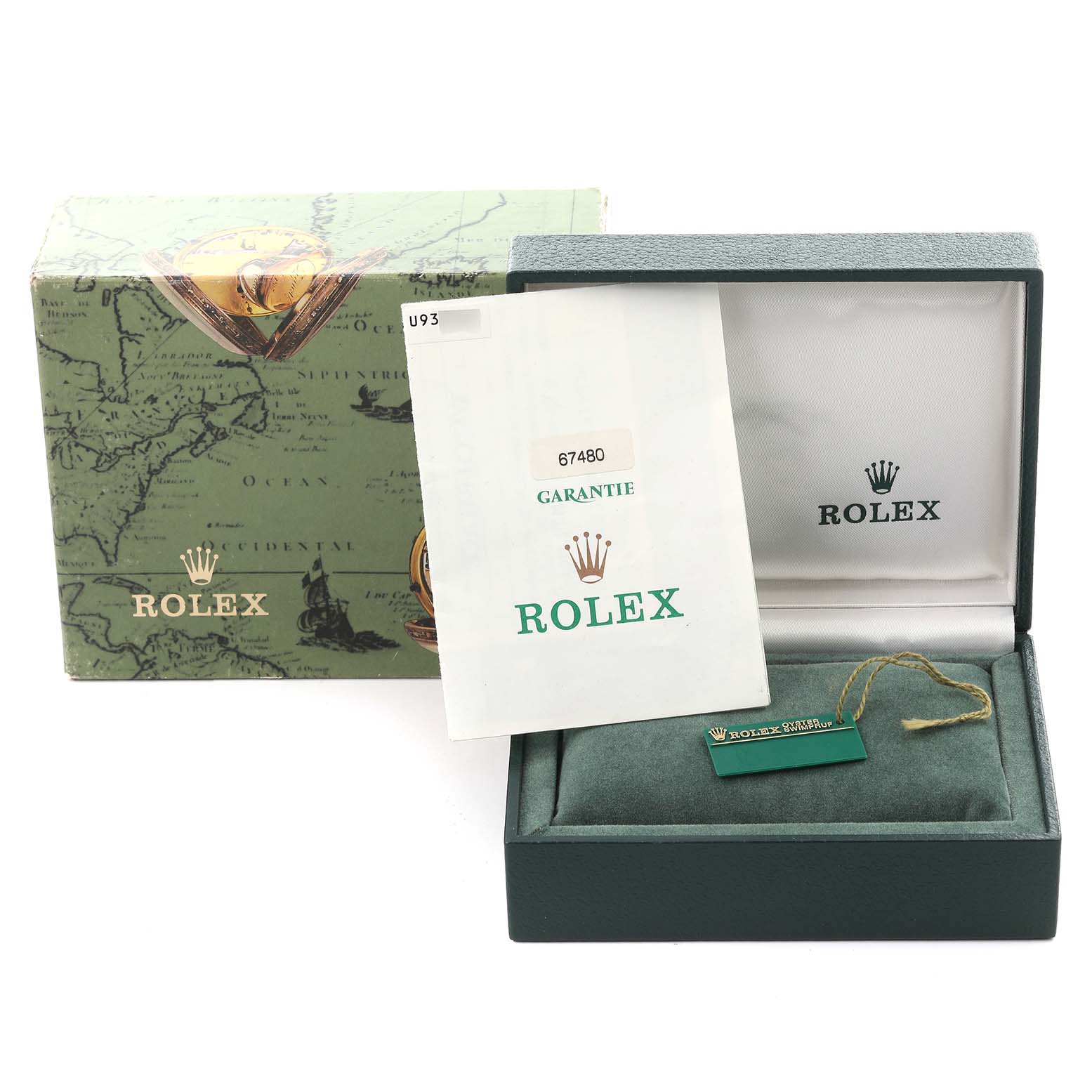 The image shows a Rolex Mid-Size 67480 Women's Stainless Steel Silver Dial 67480 Women's Stainless Steel Silver Dial model box with a warranty card and a green tag, viewed from the front.