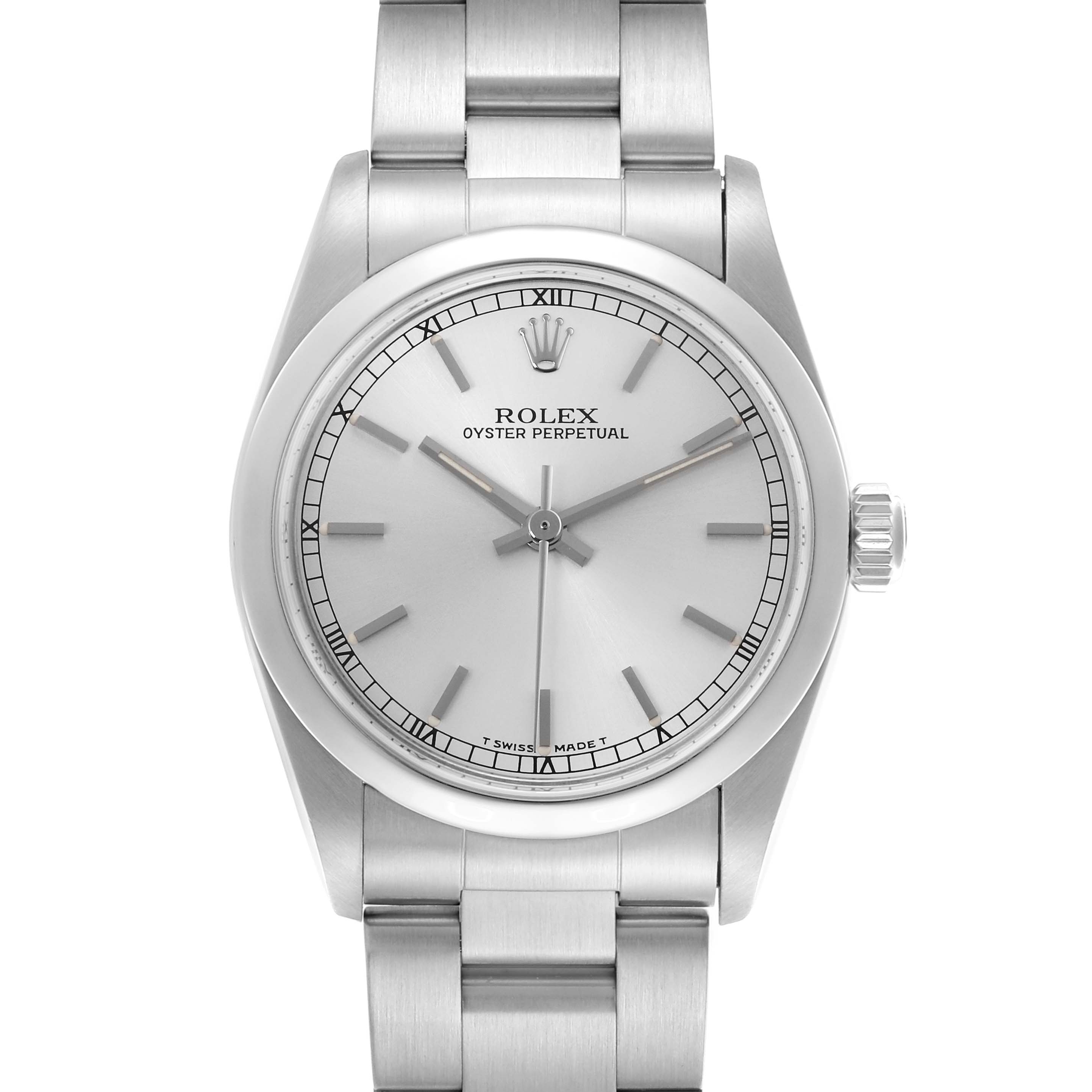 The Rolex Mid-Size 67480 Women's Stainless Steel Silver Dial 67480 Women's Stainless Steel Silver Dial watch is shown from a front view, displaying the dial, bezel, crown, and part of the bracelet.