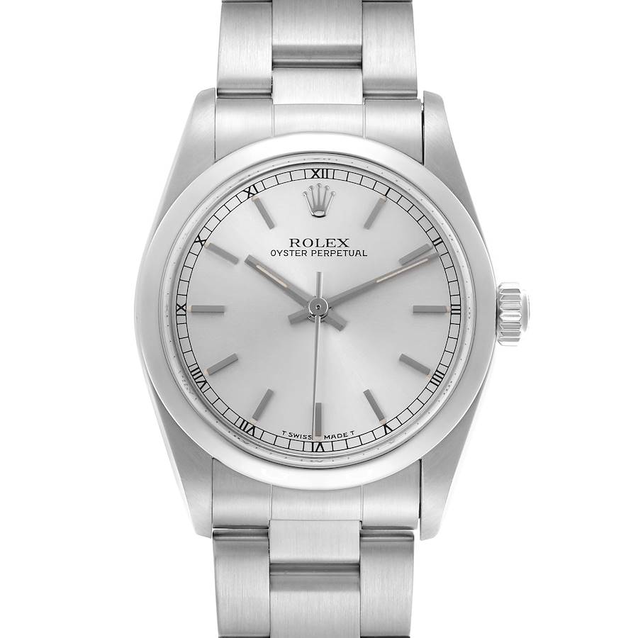 The Rolex Mid-Size watch is shown from a front view, displaying the dial, bezel, crown, and part of the bracelet.