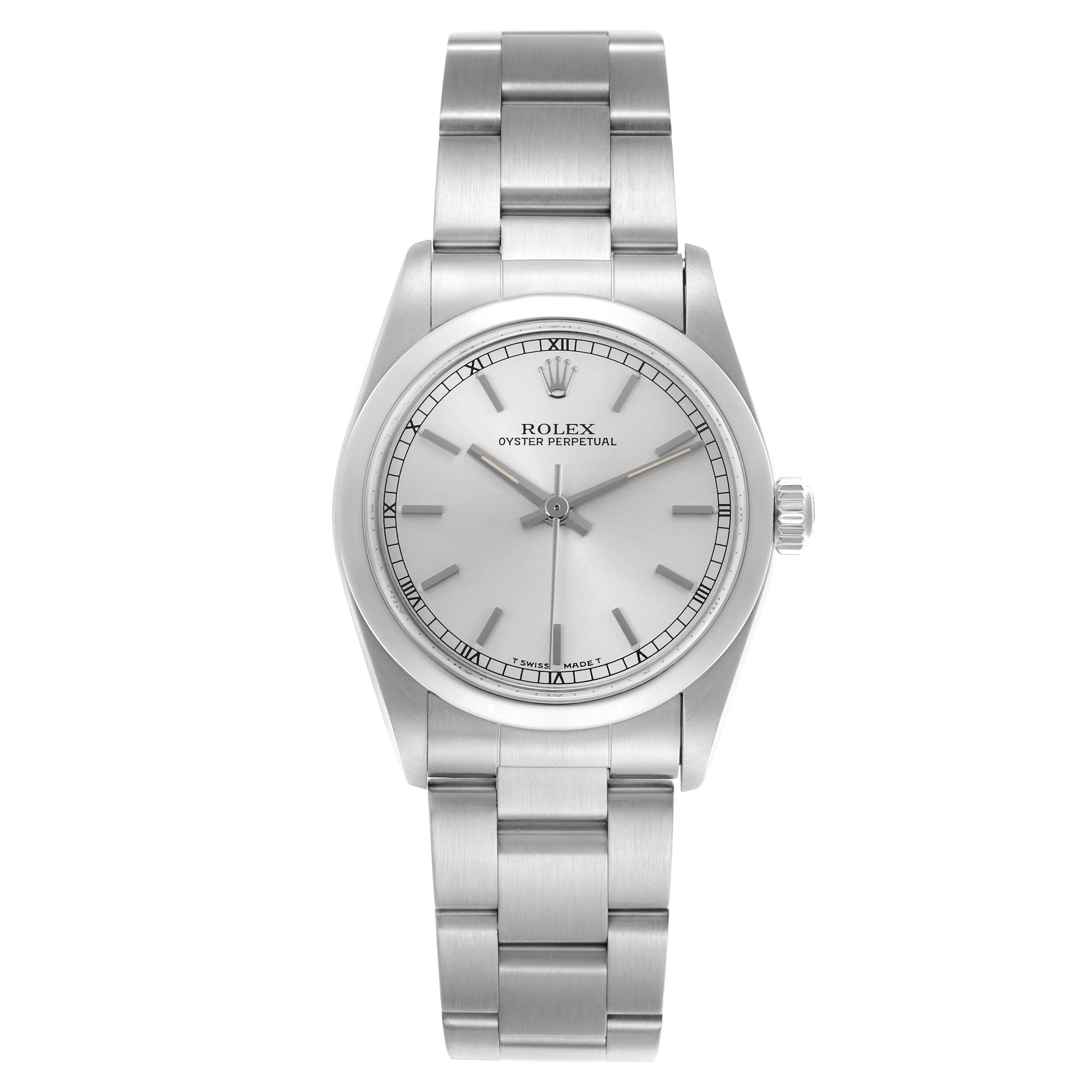 The Rolex Mid-Size 67480 Women's Stainless Steel Silver Dial 67480 Women's Stainless Steel Silver Dial watch is shown from a front angle, displaying the dial, bezel, and bracelet.