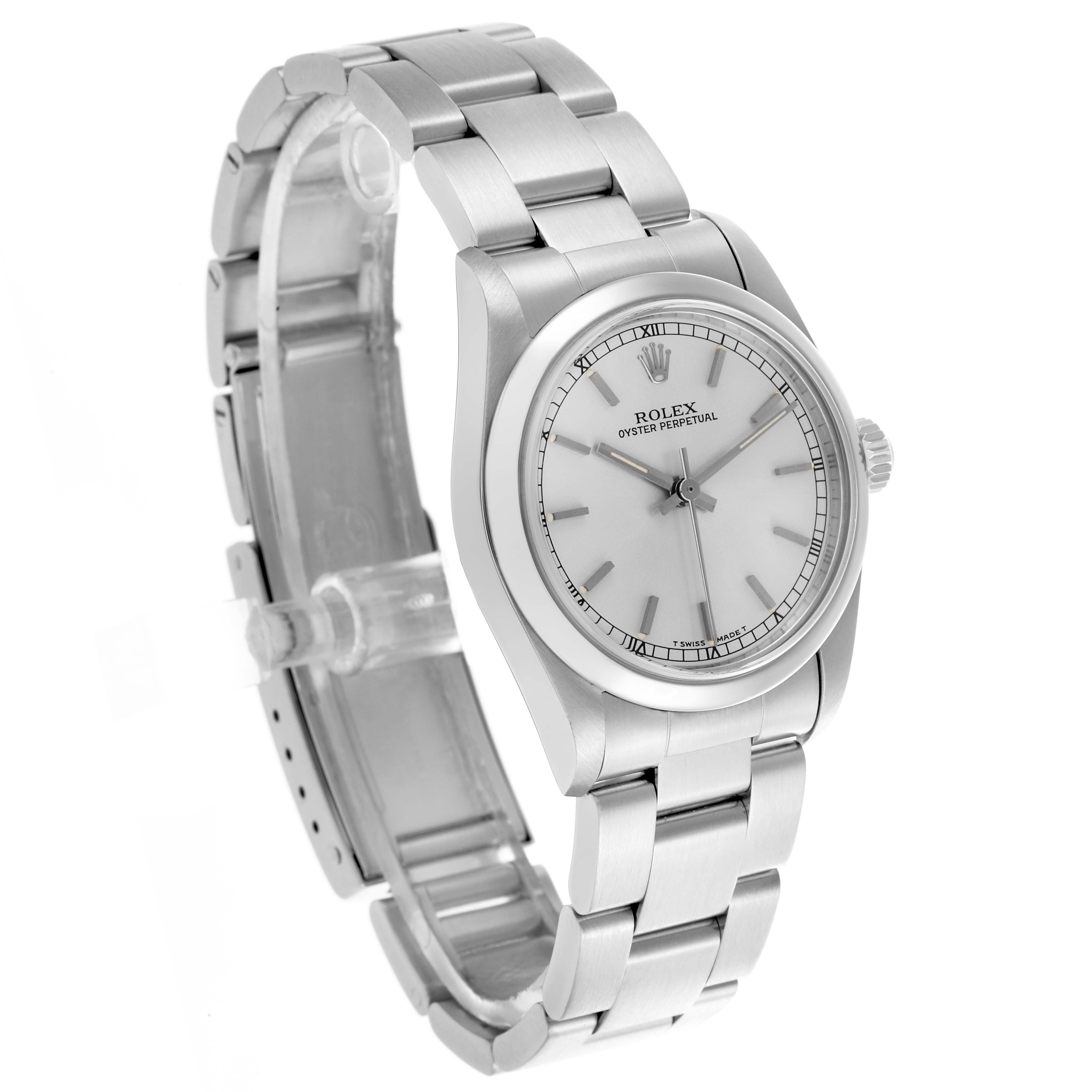 The Rolex Mid-Size 67480 Women's Stainless Steel Silver Dial 67480 Women's Stainless Steel Silver Dial watch is shown at an angled top view, highlighting the face, case, bracelet, and crown.