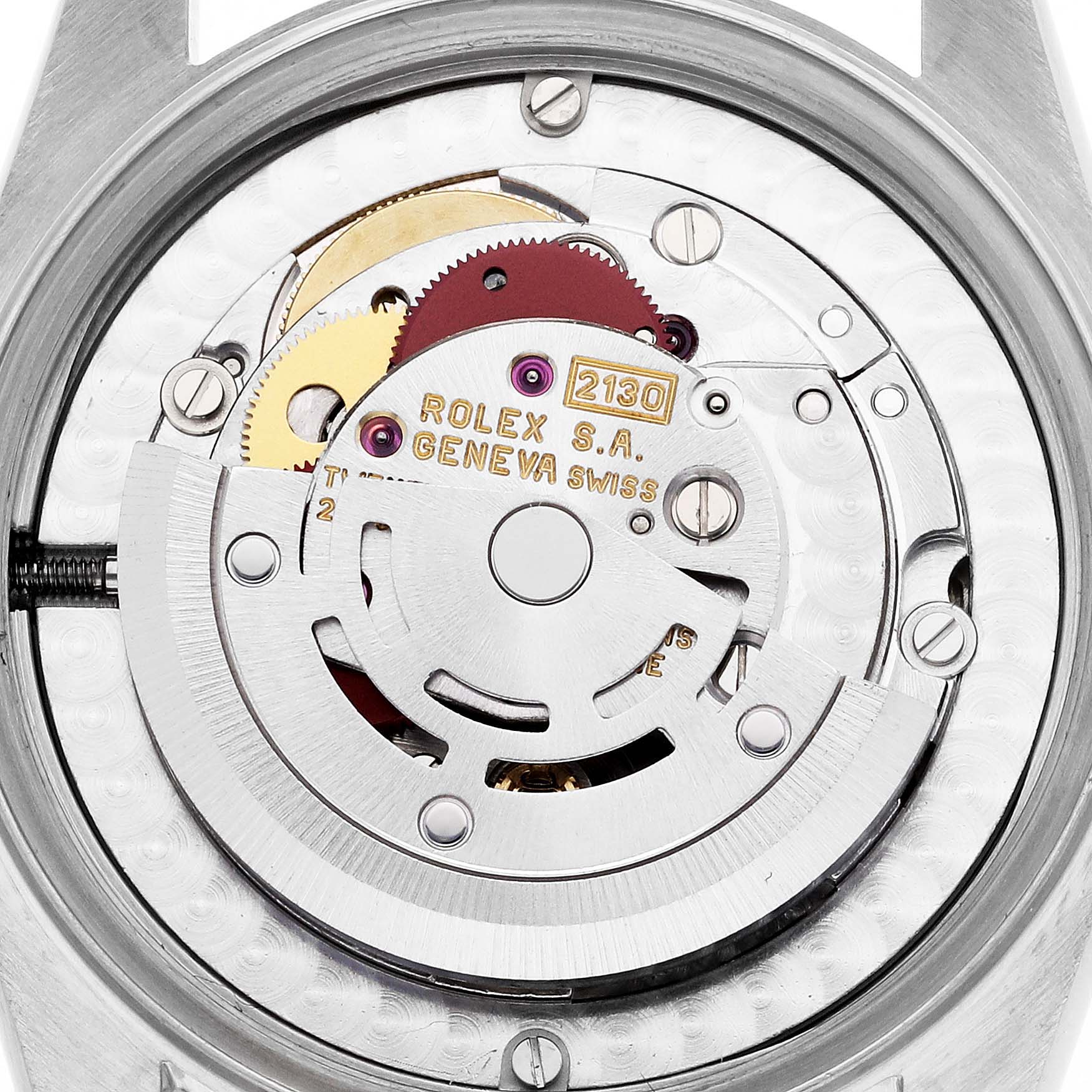 The image shows the movement assembly of a Rolex Mid-Size 67480 Women's Stainless Steel Silver Dial 67480 Women's Stainless Steel Silver Dial model, viewed from the back.