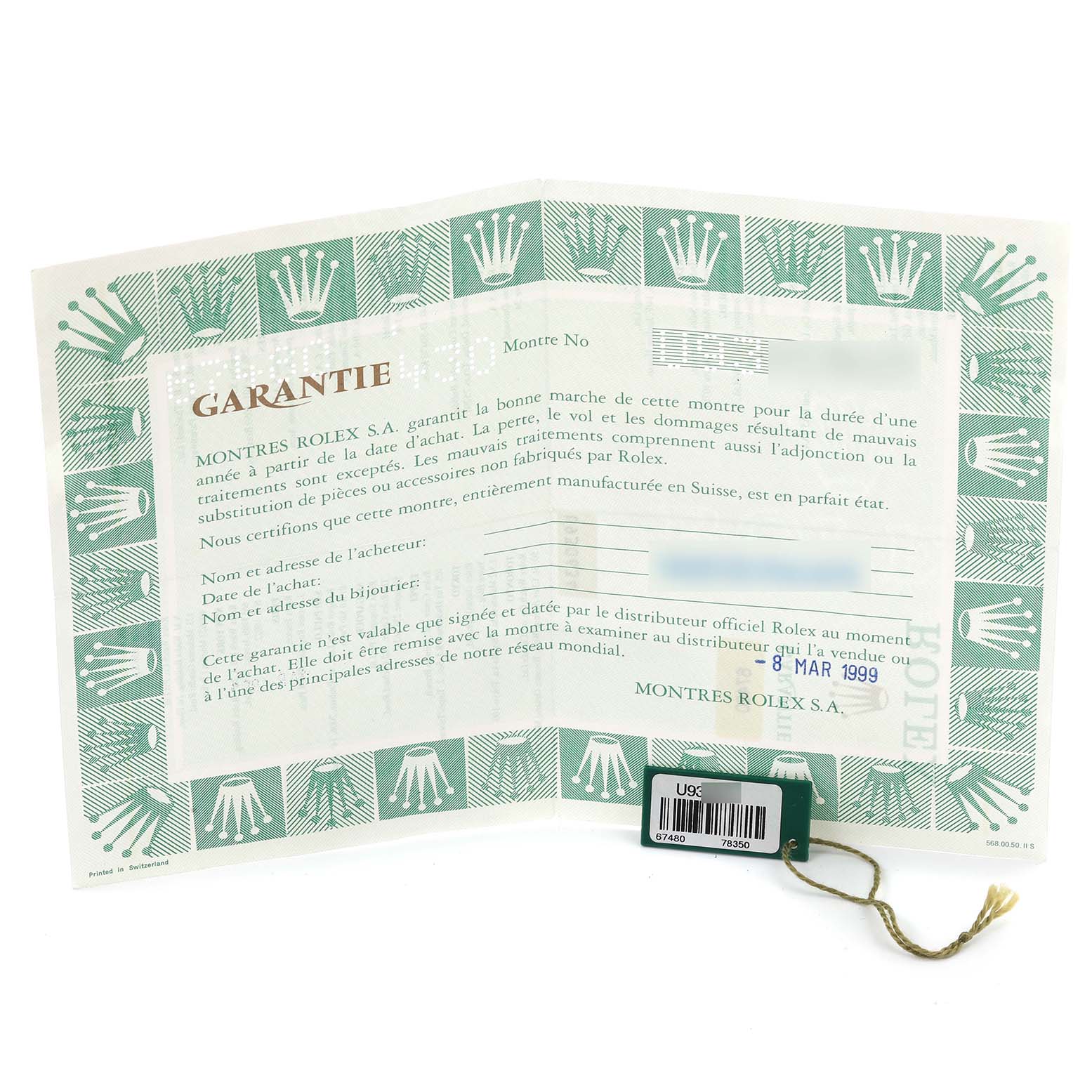 The image shows a warranty card and tag for a Rolex Mid-Size 67480 Women's Stainless Steel Silver Dial 67480 Women's Stainless Steel Silver Dial model, featuring the brand's logo and purchase details.