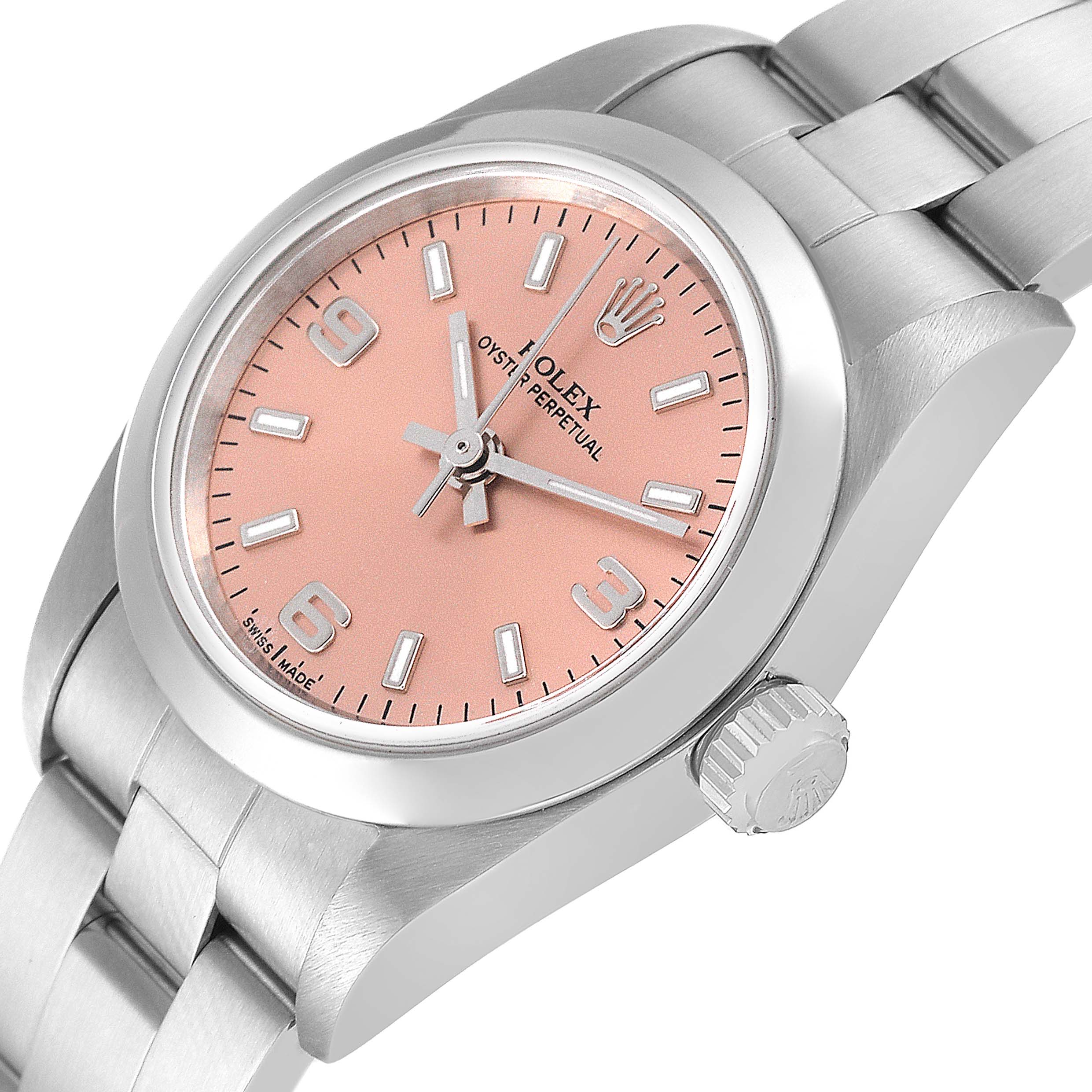 The image shows a close-up angled view of a Rolex Oyster Perpetual 76080 Women
s Stainless Steel Pink Dial 76080 Women
s Stainless Steel Pink Dial watch, highlighting its face, dial, and a portion of the bracelet.