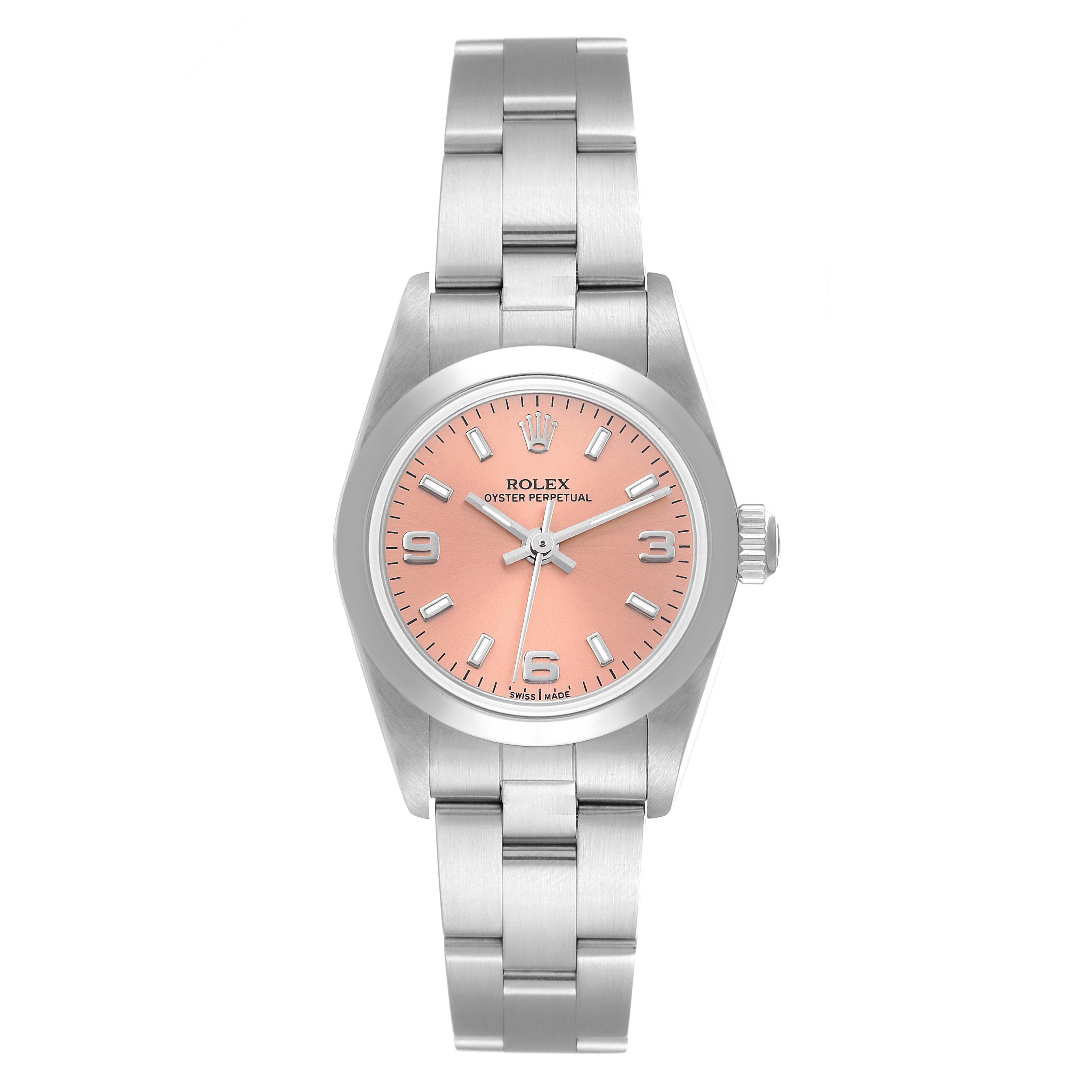 The Rolex Oyster Perpetual 76080 Women
s Stainless Steel Pink Dial 76080 Women
s Stainless Steel Pink Dial watch is shown from a front angle, displaying the face, bezel, and bracelet.
