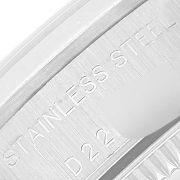 This image shows a close-up angle of the stainless steel engraving on a Rolex Oyster Perpetual 76080 Women
s Stainless Steel Pink Dial 76080 Women
s Stainless Steel Pink Dial watch case.