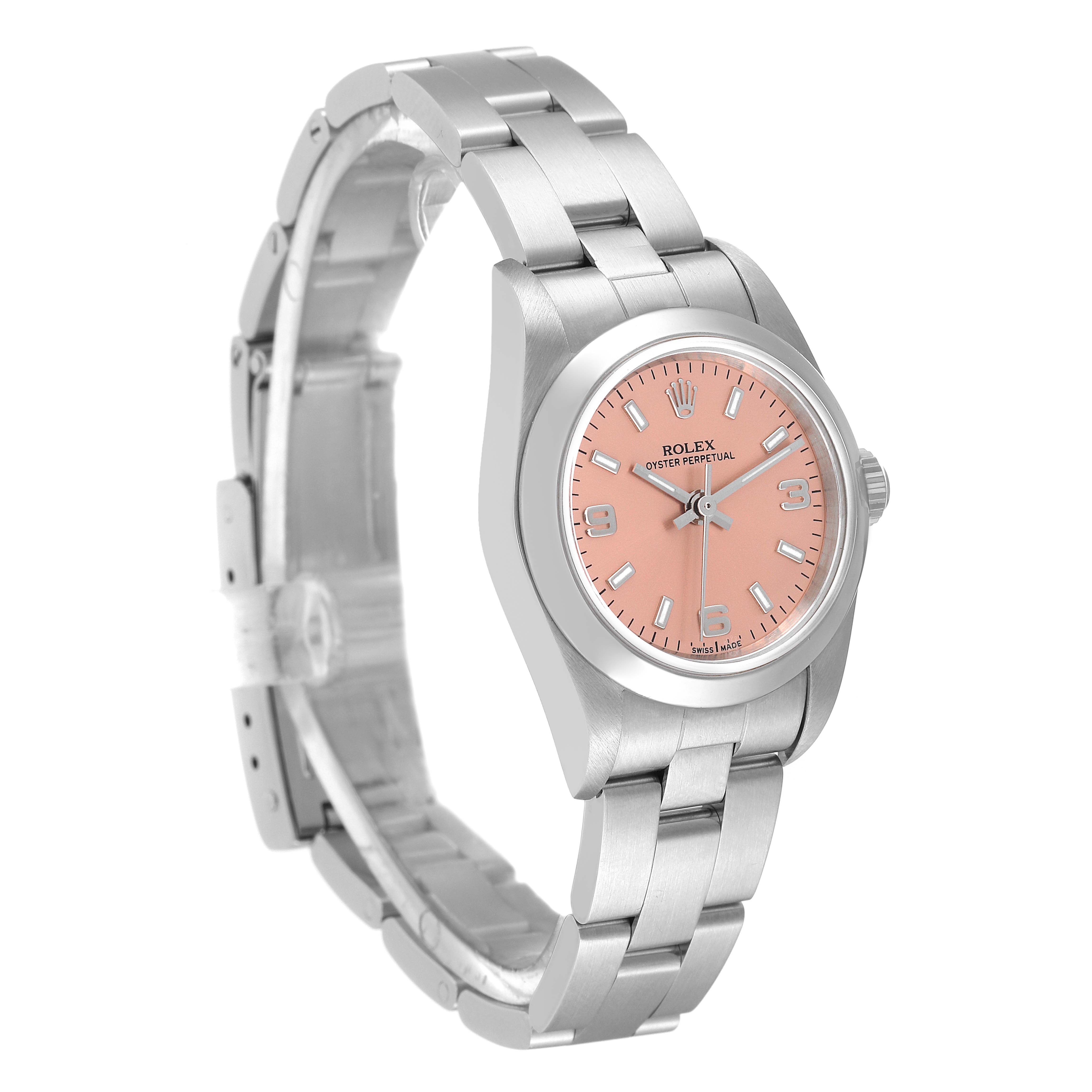 The Rolex Oyster Perpetual 76080 Women
s Stainless Steel Pink Dial 76080 Women
s Stainless Steel Pink Dial watch is shown at a three-quarter angle, displaying the face, bezel, and part of the bracelet.